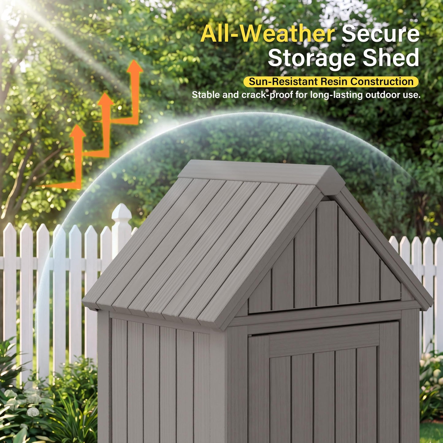 Bifanuo Deck Box Storage Shed Outdoor Storage Cabinet, Vertical Waterproof Resin Material Plastic Shed with Removable Shelves, 12 Hooks and Lock Ring for Garden, Pool and Patio (Classic Grey)