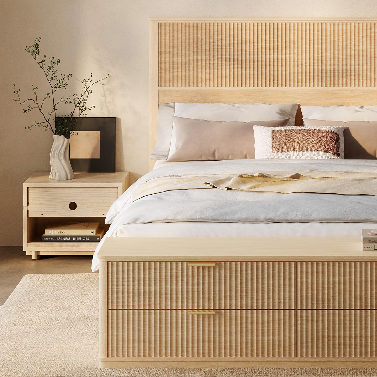 LINSY Storage Bed Frame Queen Bedframe with Drawers, Tall Bed Frame Queen-Size with Headboard and Footboard Bench, Fluted Boho Bed Frames Wooden Platform Beds with Storage, No Box Spring, Light Wood