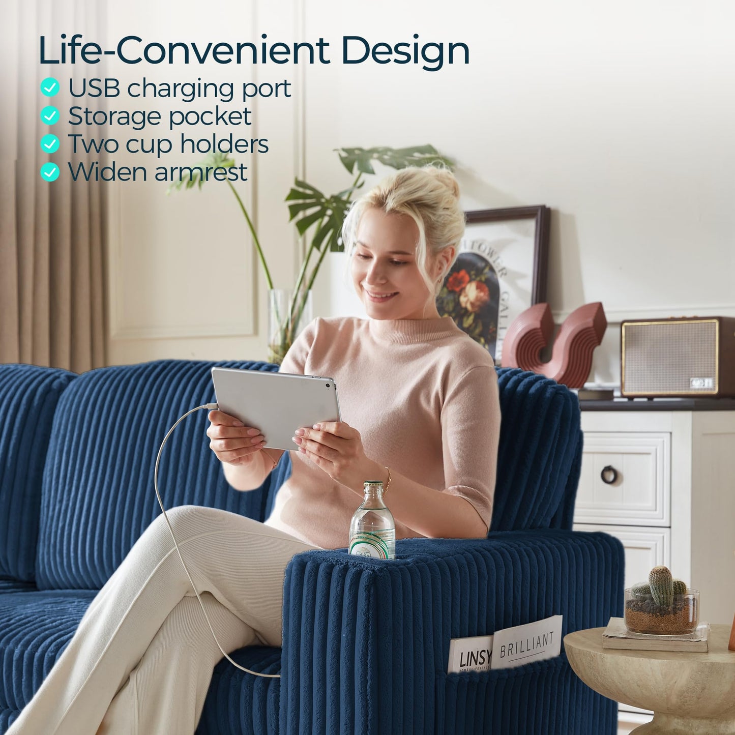LINSY HOME Sleeper Sofa Bed with Pull Out Couch Modular Sectional Sofa (Blue, Sleeper Sofa 2) | Pull Out Sofa Bed, USB Charging, Cup Holders, Plush Corduroy, Storage