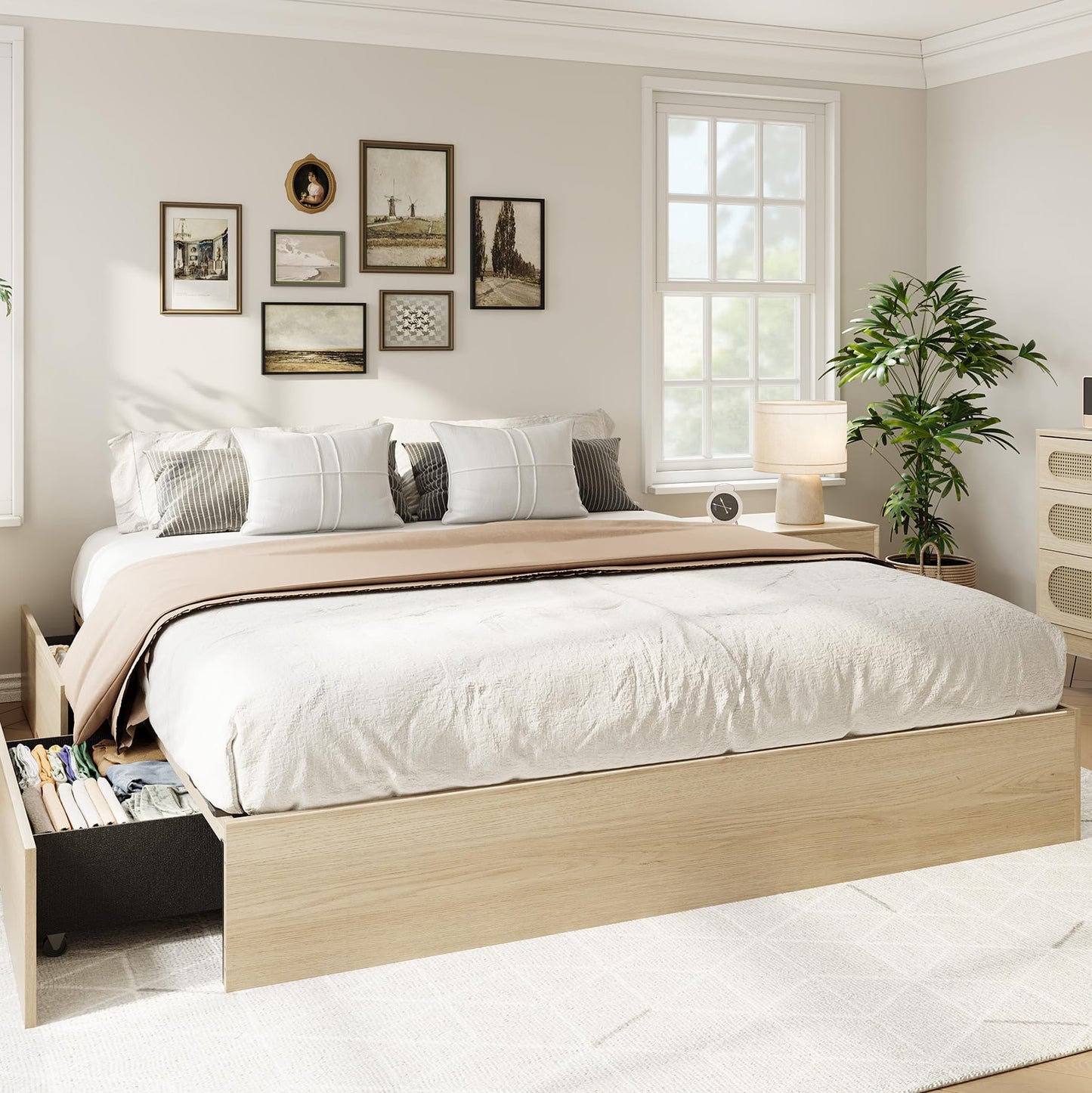 IDEALHOUSE Queen Bed Frame with 2 Storage Drawers, Wooden Bed Frame Without Headboard, Minimalist Floor Platform Bed, Wood Slat Support, Noise Free, No Box Spring Needed, Easy Assembly