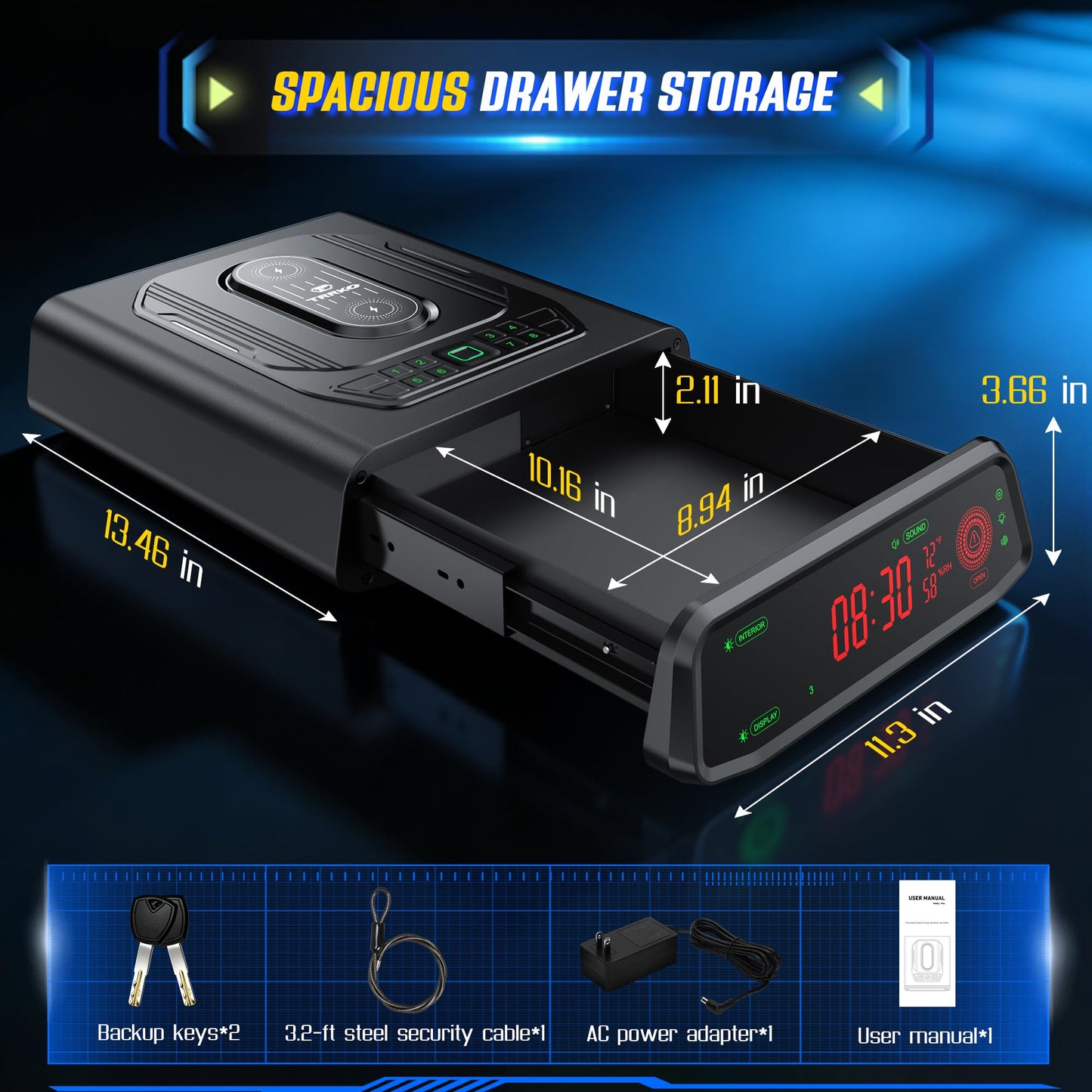 TRRKO Biometric Gun Safe for Handgun | 0.3S Auto-Open Quick Access Pistol Safe with Fingerprint & Wireless Charger, Smart LED Display, Handgun Safe for Nightstand/Bedside/Home, Gift for Gun Owners