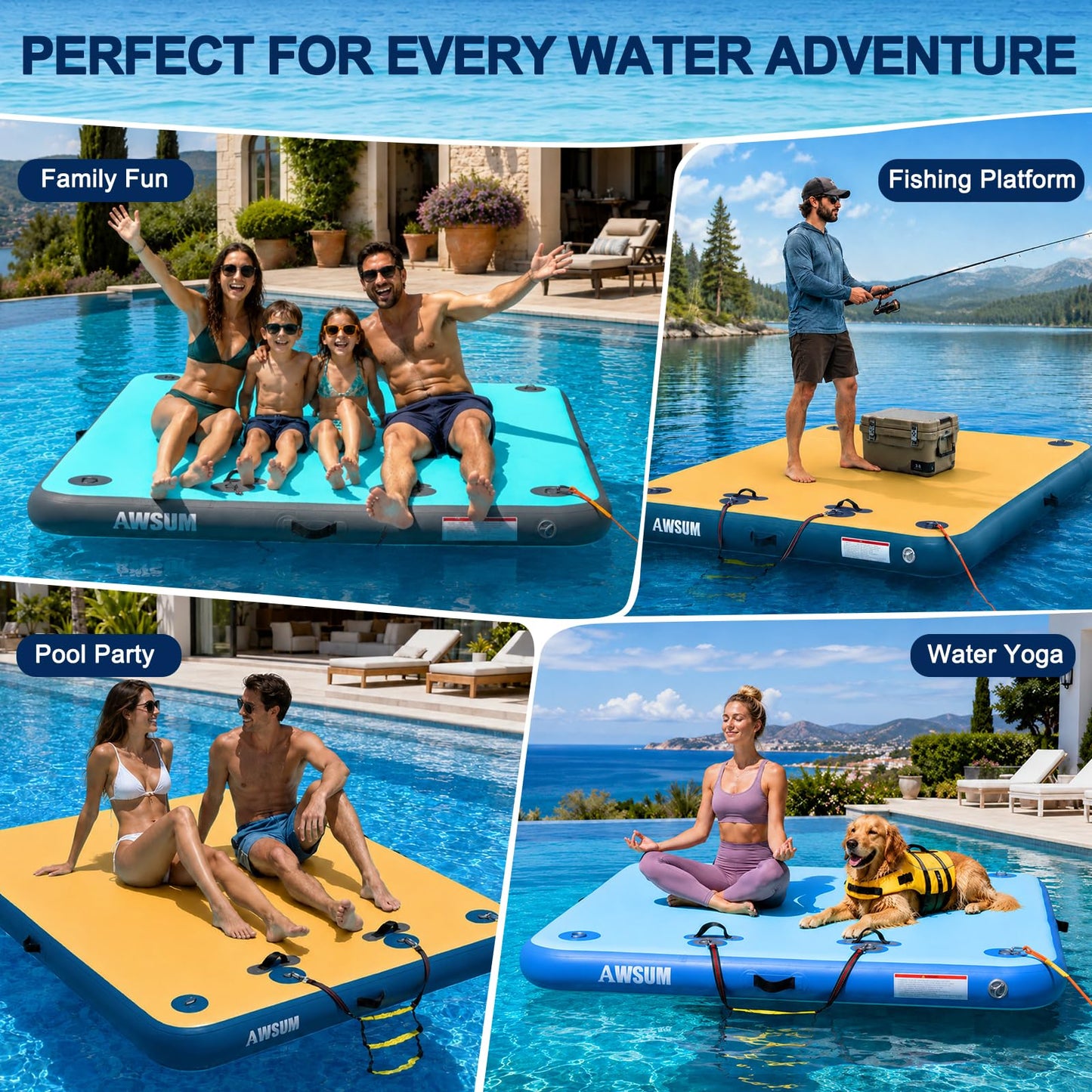 AWSUM Inflatable Floating Dock, 8ft Non-Slip Swim Platform & Lake Island Raft for Pool, Beach, Ocean