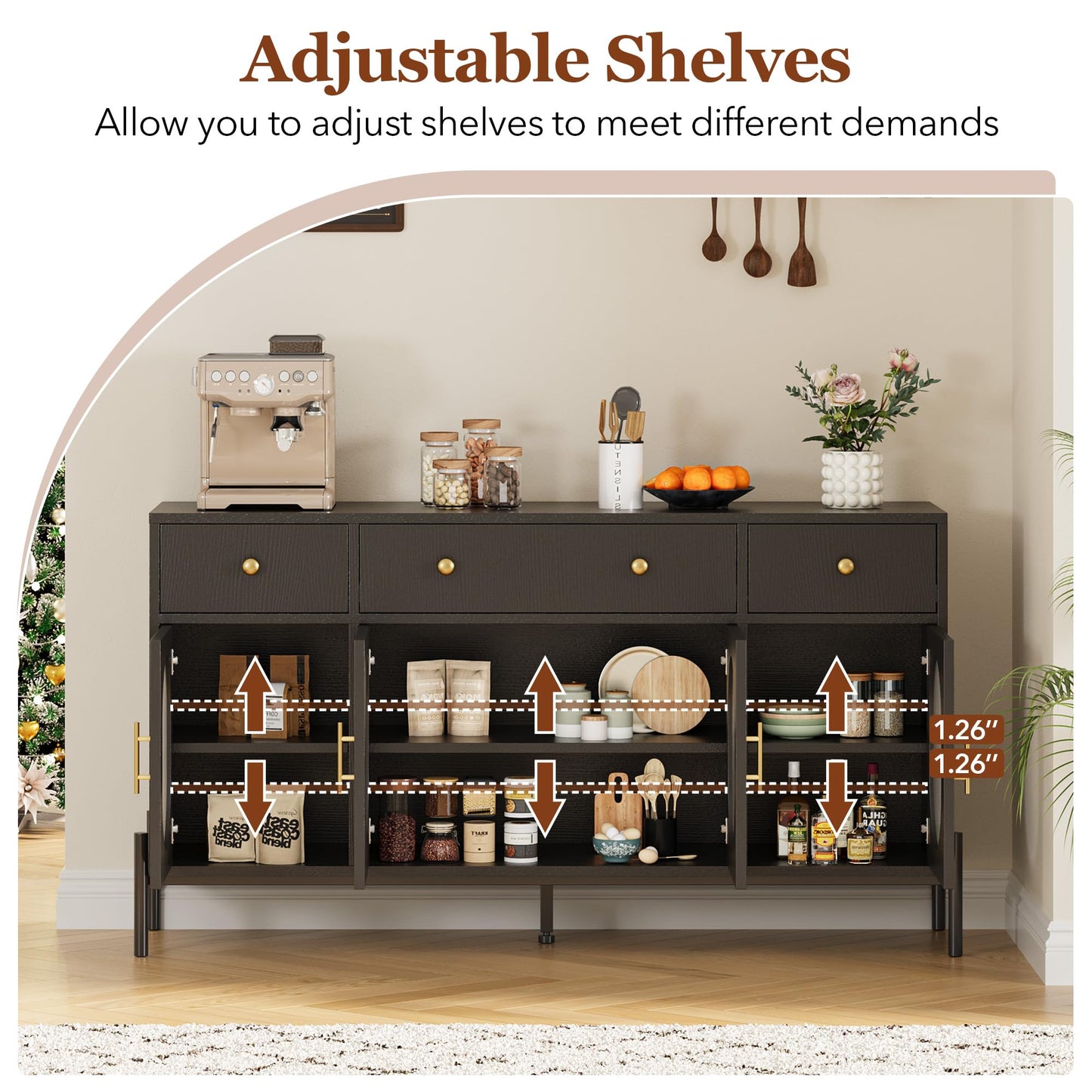 MERXENG 62 in Sideboard Buffet Cabinet with 4 Doors & 3 Drawers, Modern Storage Cabinet with Adjustable Shelves, Accent Buffet Table Coffee Bar for Kitchen, Living Room, Black
