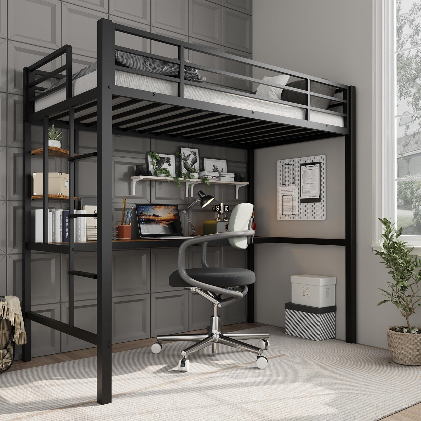 GAOMON Twin Size Loft Bed with Desk and Storage Shelves, Sturdy Metal Loft Bed with Steel Slats Support and Ladder for Kids and Adults, Safety Guardrail, Space Saving, Black and Brown
