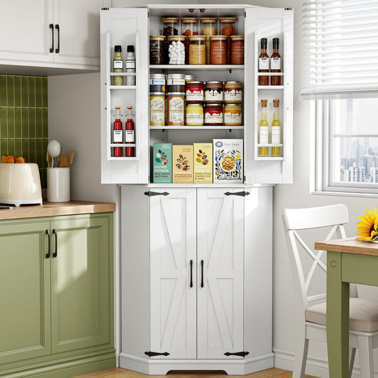 IRONCK Corner Cabinet, 72" Kitchen Pantry Cabinet, 6-Tier Freestanding Farmhouse Pantry with 2 Adjustable Shelves, 240°Swivel Doors, 2 Doors Storage, Spacious Hutch for Kitchen, Living Room, White