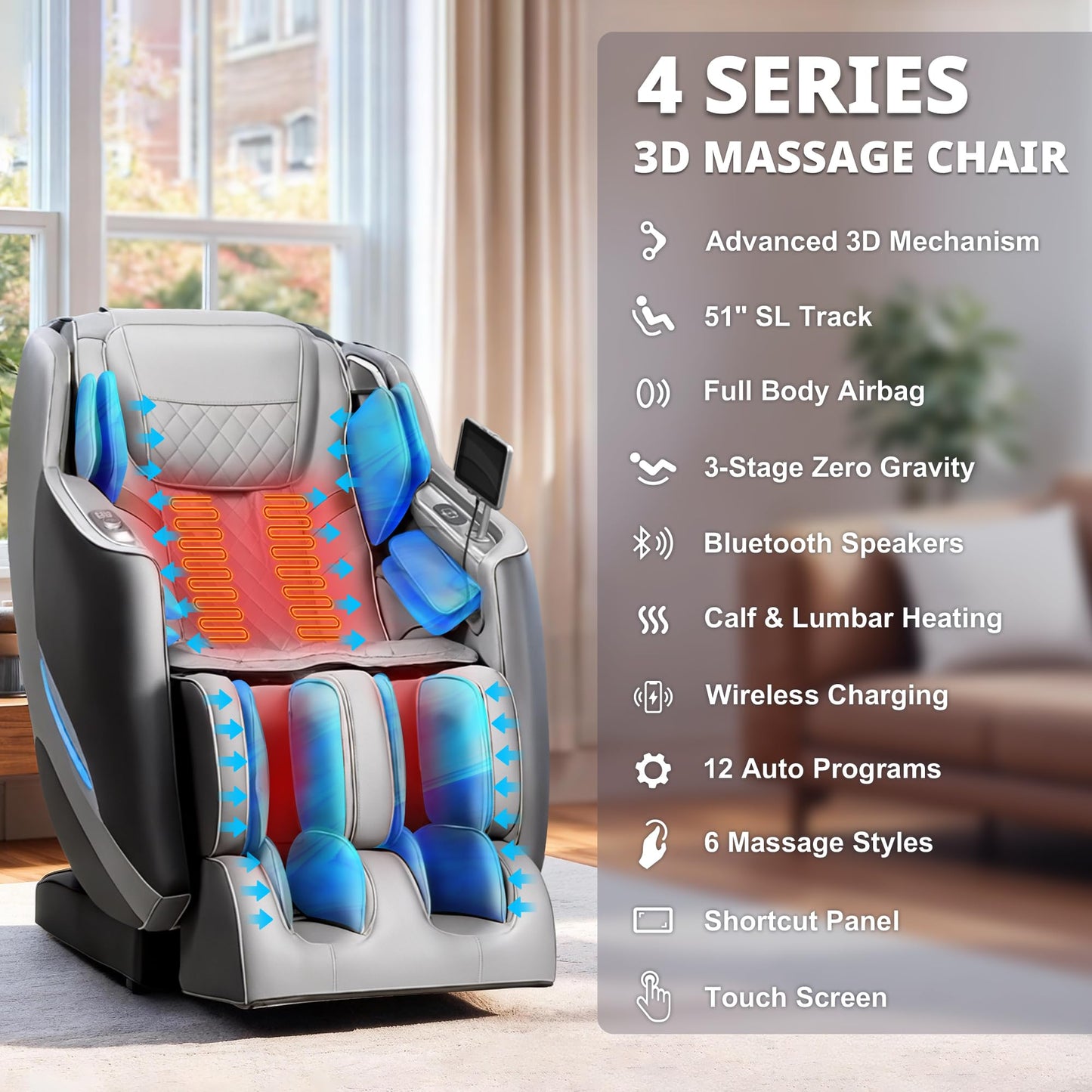 Mazzup Massage Chair, 3D Massage Chair Full Body, Zero Gravity Shiatsu Recliner W/Heating, SL Track, Wireless Charger, Bluetooth Speaker, Foot Rollers, 12 Auto Modes Air Compression