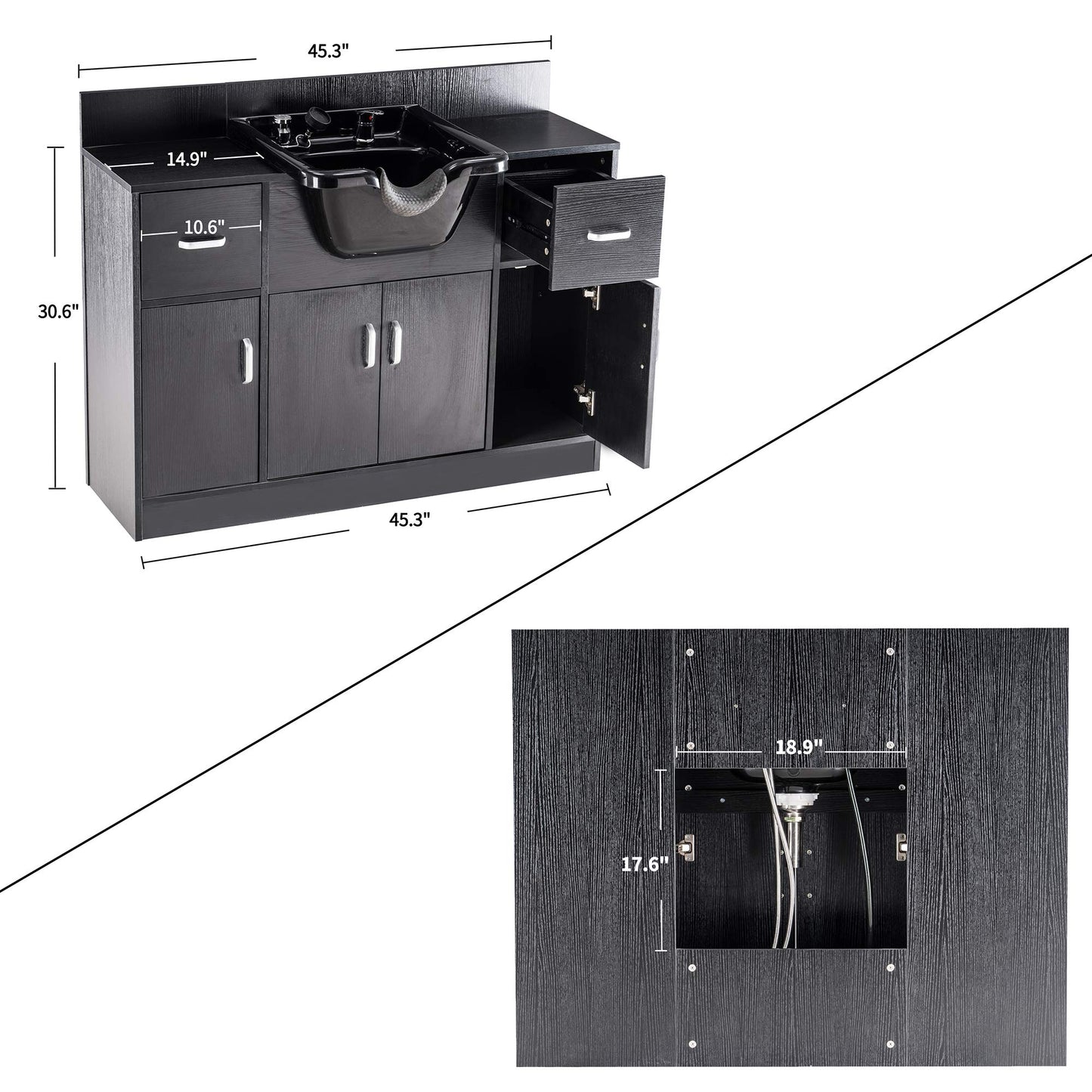 BarberPub Multi-Functional Backwash Sink Station with Shampoo Bowl for Hair Stylist, Salon Spa Beauty Cabinet with Faucet Sprayer, Barber Storage Equipment 45.3" x 14.1'' x 36.4" 7139