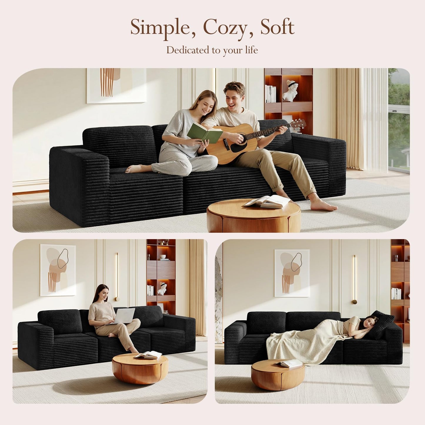 119" Modular Sofa Set, Corduroy Cloud Sectional Couch with Extra Deep Seating & Reinforced Spring System, Compact 3-Seater Boneless Sofa for Living Room & Apartment Spaces, Tool-Free Setup, Black