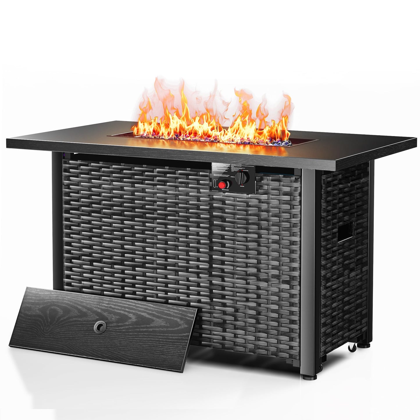 43” Outdoor Propane Fire Pit Table, 50,000 BTU Square Rattan Gas Fire Pit with Lid & Blue Crystal Stones, Steel Tabletop, Adjustable Flame, 4-in-1 FirePit Table for Patio, Backyard, Outdoor Gatherings