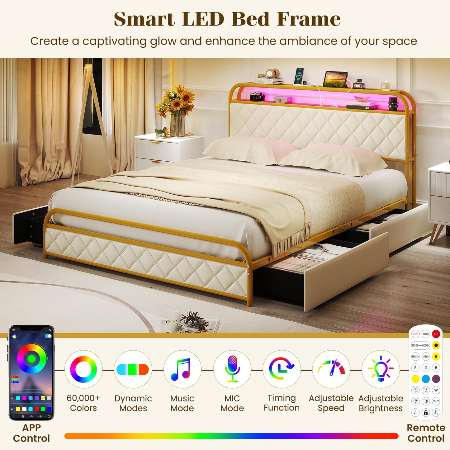 Giantex Queen Bed Frame with 4 Storage Drawers and Charging Station, Queen Size Platform Bed w/LED Lights & Linen Upholstered Headboard, No Box Spring Needed, Metal Queen Storage Bed, Gold & Beige