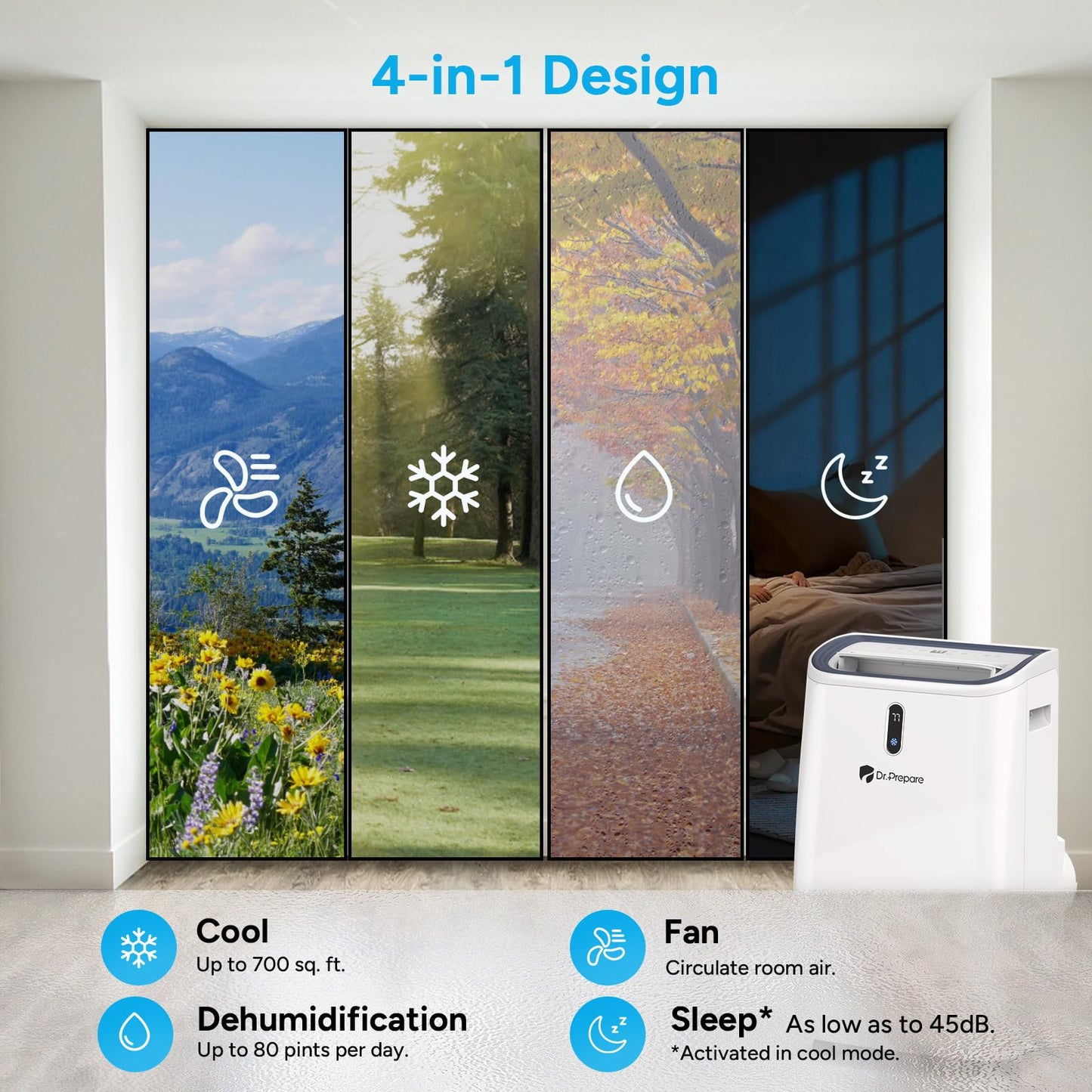 DR.PREPARE 14,000 BTU Portable Air Conditioner with WiFi Enabled, Cooling, Dehumidifier, Fan & Sleep Modes 4-in-1 Portable AC w/Remote Control & 67'' Window Kit, Cools Up To 700 sq. ft, 1-24H Timers