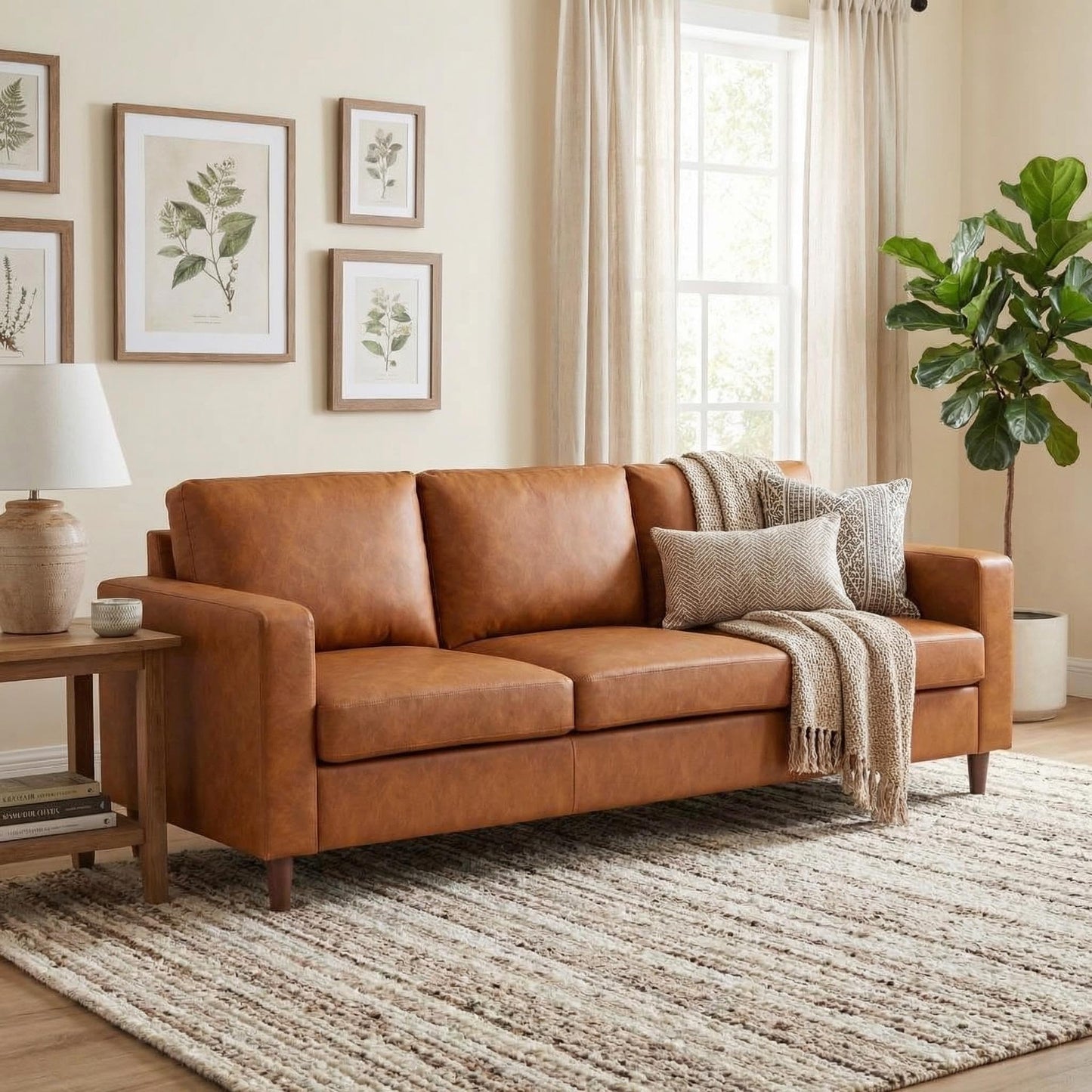 GarveeLife 85" Mid Century Modern PU Leather Sofa, 3 Seater Couch with Deep Seat & Cushions, Faux Leather Living Room Sofa for Apartment, Bedroom, Office, Orange