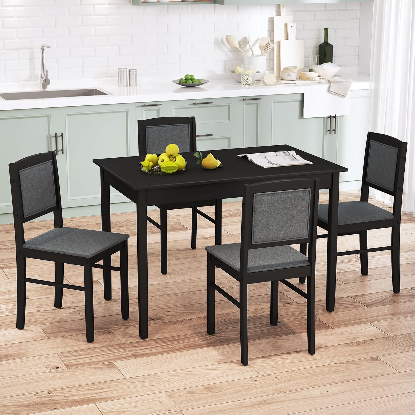 Tangkula Dining Table Set for 4, Farmhouse Solid Wood Dinette Set w/Rubber Wood Legs, Upholstered Seat & Padded Backrest, Mid-Century Modern Dining Table and Chairs Set for Kitchen, Dining Room