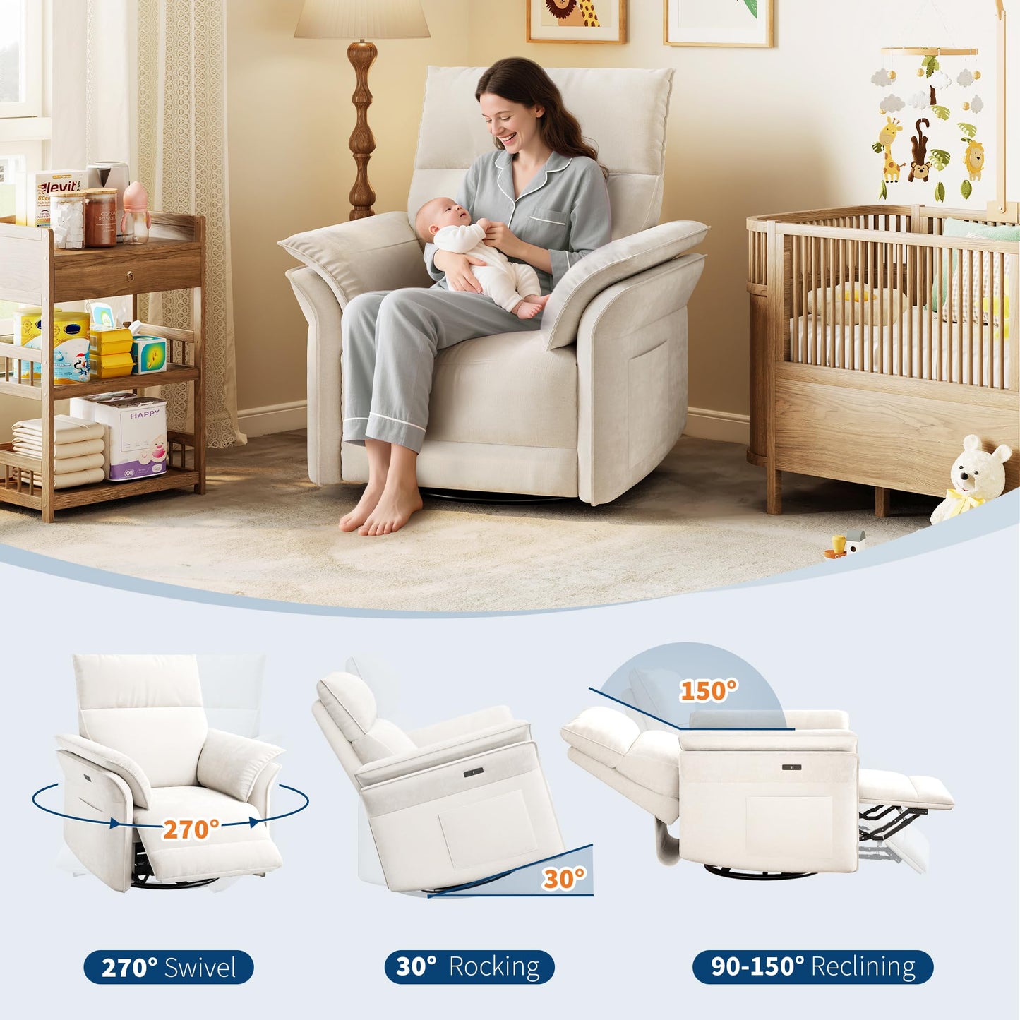 GarveeHome Power Recliner Chair, 270 °Swivel Rocking Glider with USB Charging Port, Chenille Upholstered Fabric and Double-Layer Armrests, Nursery Chair for Living Room, Nursery (Off White)
