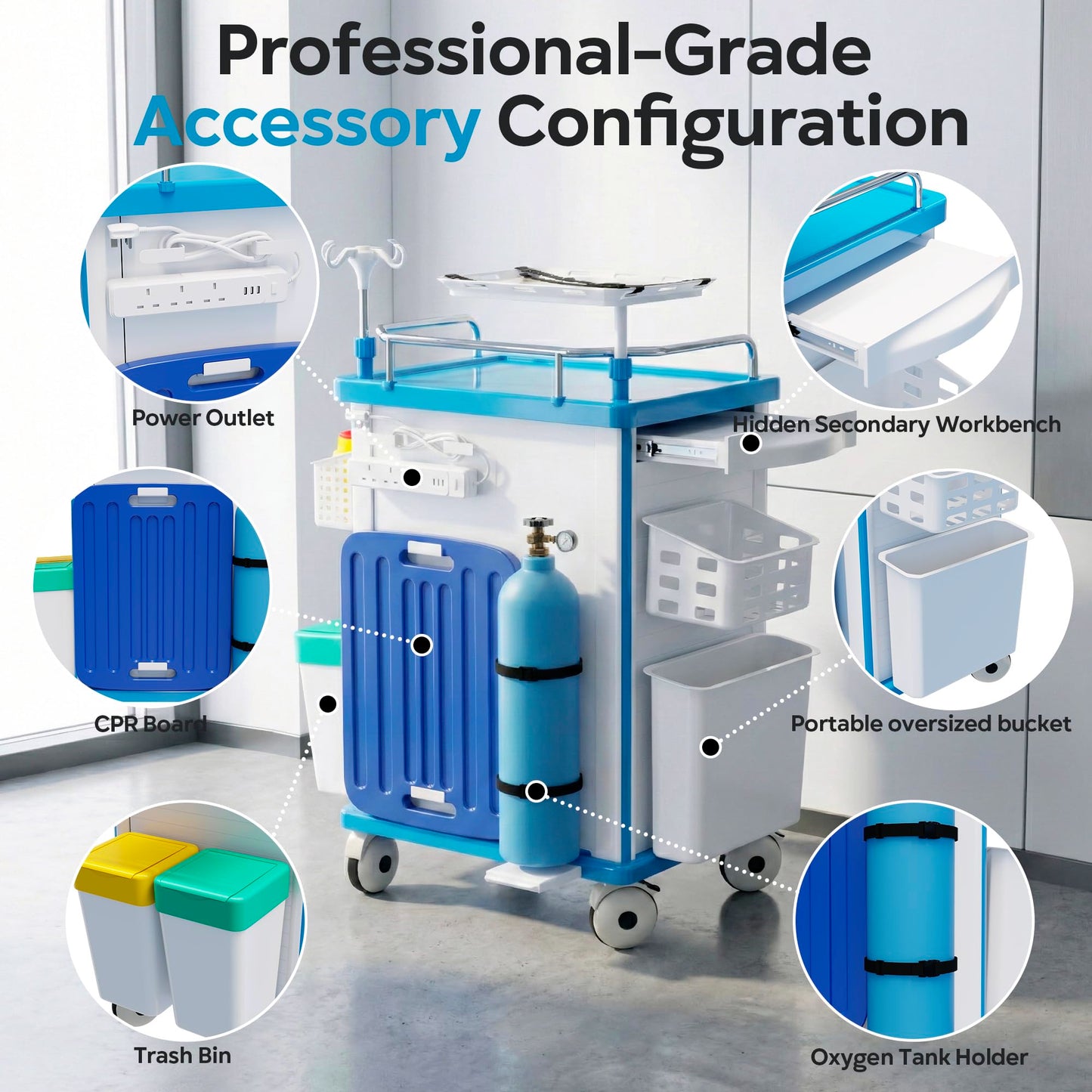 Fuzren Medical Rolling Storage Crash Cart with Wheels, 5-Tier Medical Cart with Drawers, Adjustable IV Pole, Trash Bin & O2 Holder, Needle Disposal Holder, Silent Casters, Ideal for Hospitals (Blue)