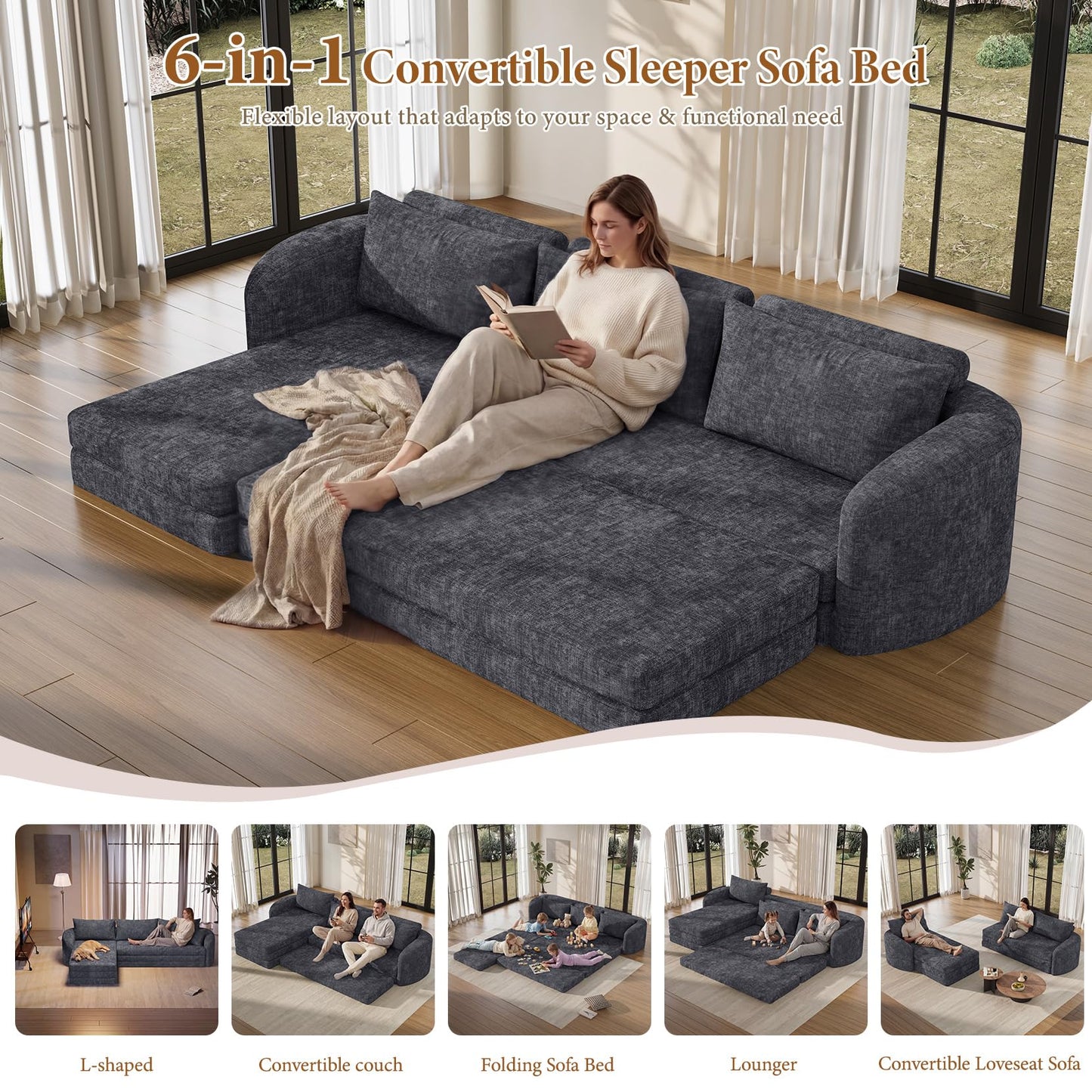 Vesgantti 110.2" Modular Sectional Sofa with Curved Armrest, 6 in 1 Convertible Folding Sleeper Sofa Bed, Chenille Boneless Couch for Living Room, No Assembly Required, Blue, Left Facing Chaise