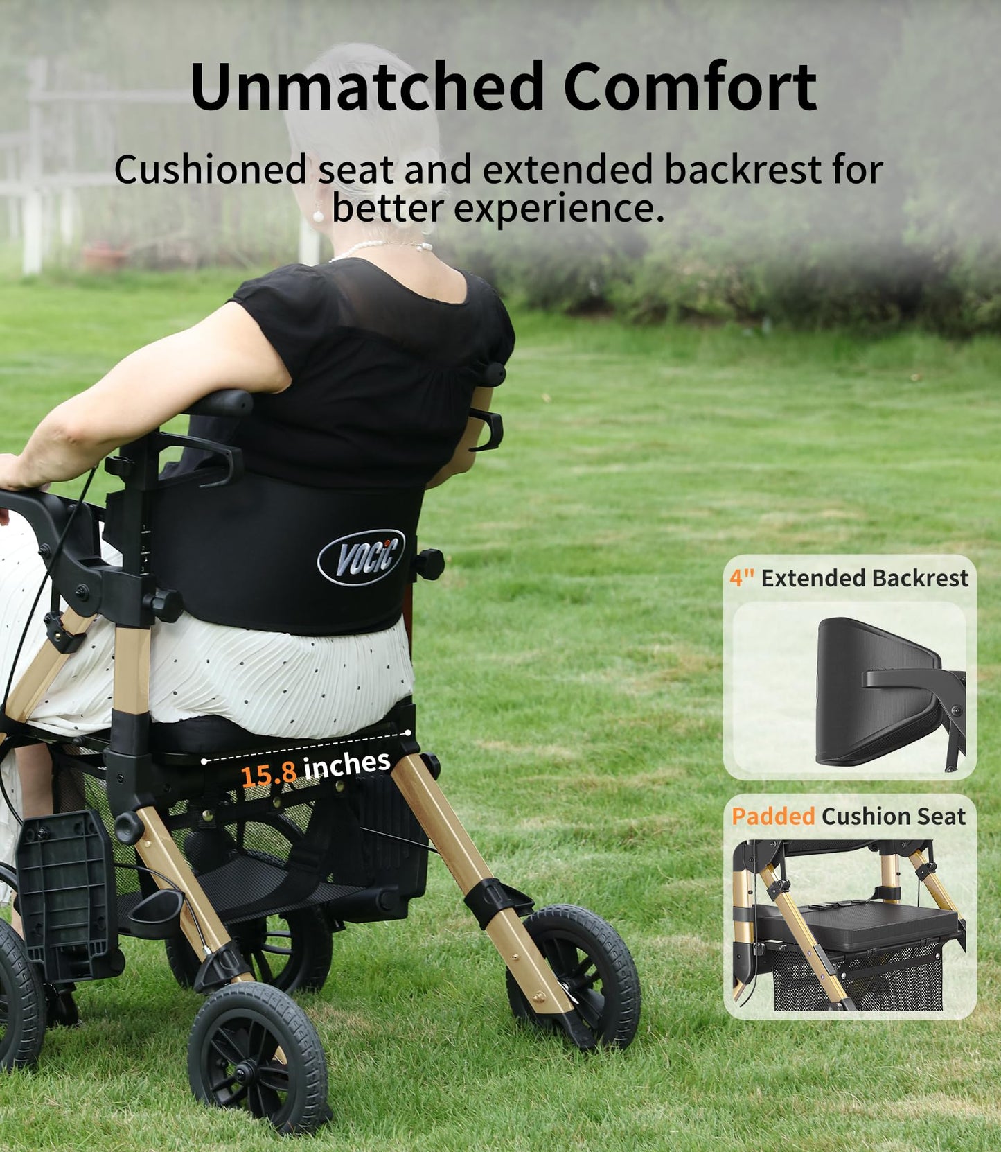 VOCIC Walkers-for-Seniors, Rollator-Walker-with-Seat, Transport-Wheelchair-Lightweight-Foldable, Adult Rolling Walker, Rollator Transport Chair with Brakes, 2 in 1 Walker Wheelchair Combo Z51
