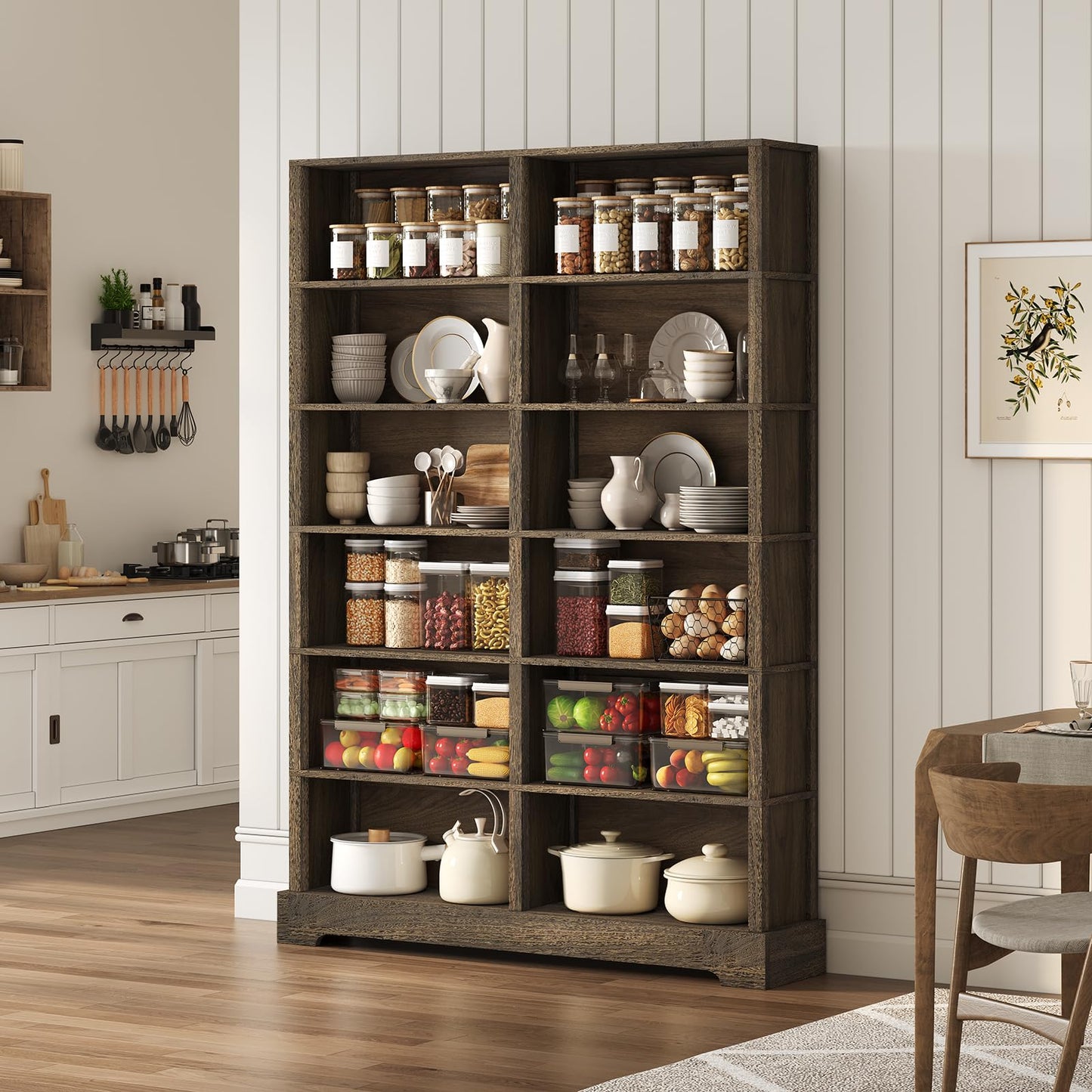 TVU 6-Tier Wood Book Shelf, 47" Wide Large Bookcase and Bookshelf, 76" Tall Bookcase with Storage, Freestanding Wood Display Book Shelves for Living Room, Home Office, Walnut