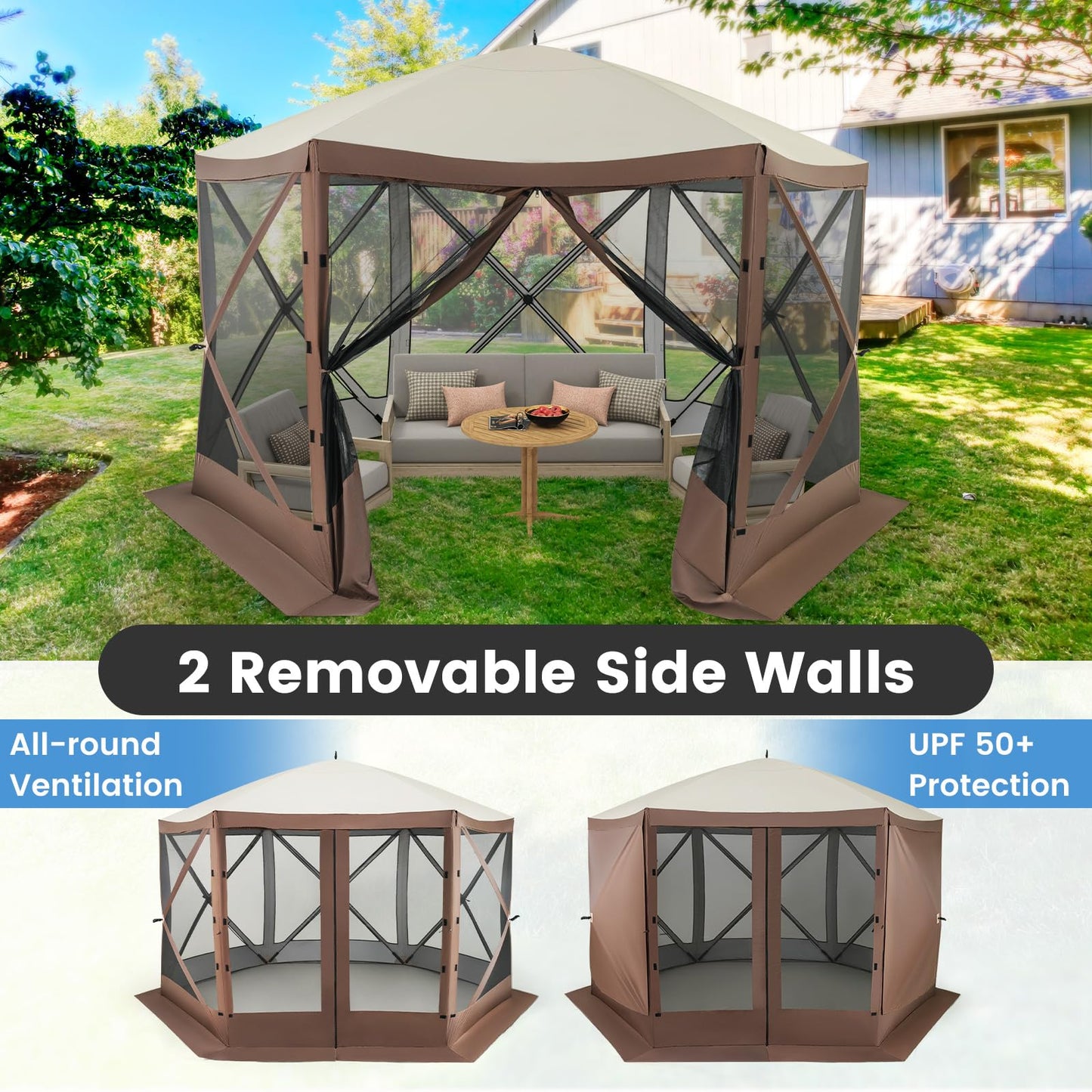 Tangkula 11.5x11.5 Ft Pop Up Gazebo with Netting, Portable Screen Tent with 6 Sided Mesh Walls, 2 Sunshade Cloths, Outdoor Instant Canopy Shelter with Carry Bag for Camping, Lawn, Backyard