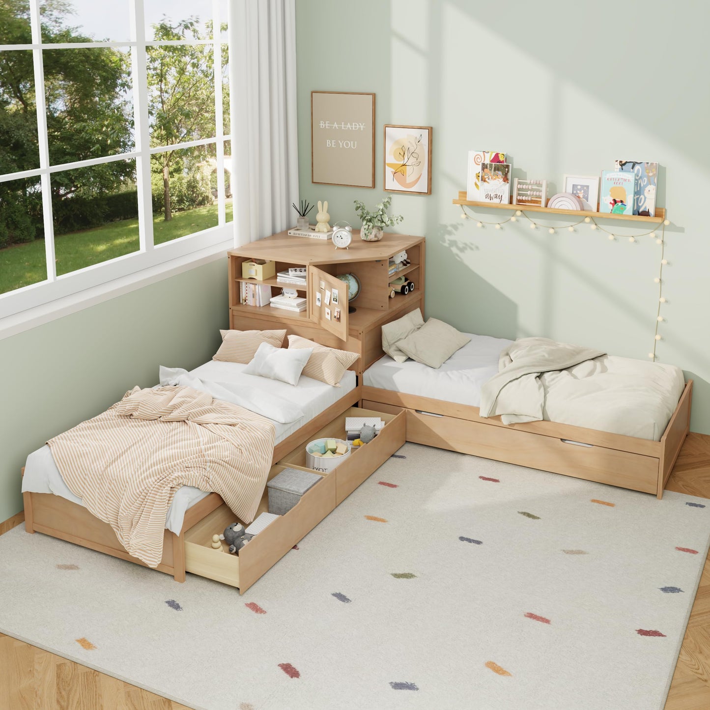 Merax L-Shaped Combination Twin Corner Platform Bed Frame with Trundle,Drawer,Built-in Desk and Led Downlight,3-in-1 Design for Bedroom