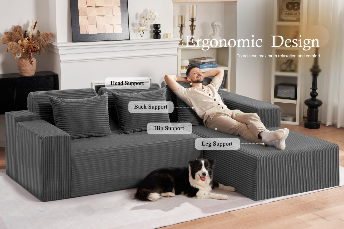 HABUTWAY Sectional Couches for Living Room,No Assembly L Shaped Couch 105" Modular Sectional Sofa Couch with Deep Seat,Cloud Couches Furniture Sets for Apartment,Corduroy (Dark Grey, Right Facing)