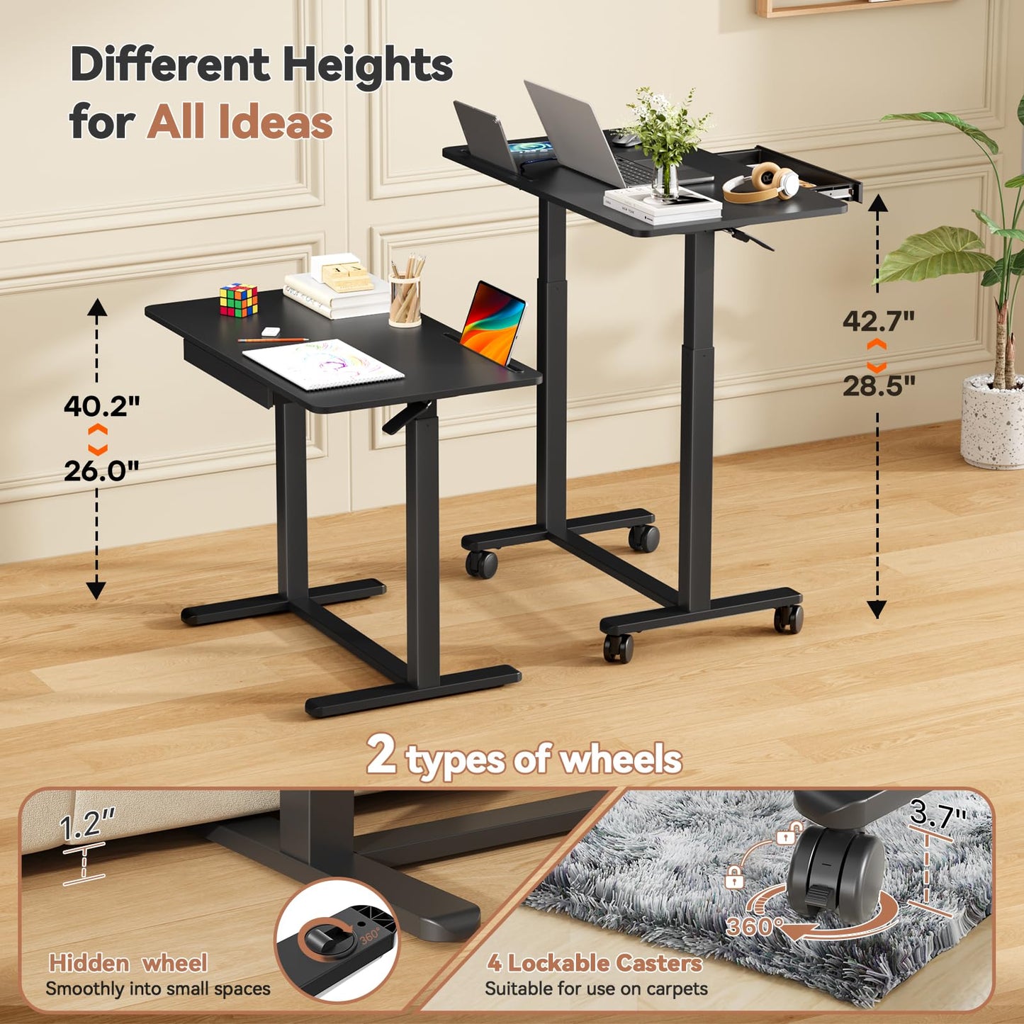 Liftsync Mobile Standing Desk, 35inch Small Rolling Table with Drawer, Height Adjustable Sit Stand Workstation, Black Portable Laptop Cart with Hidden Wheels or Lockable Casters