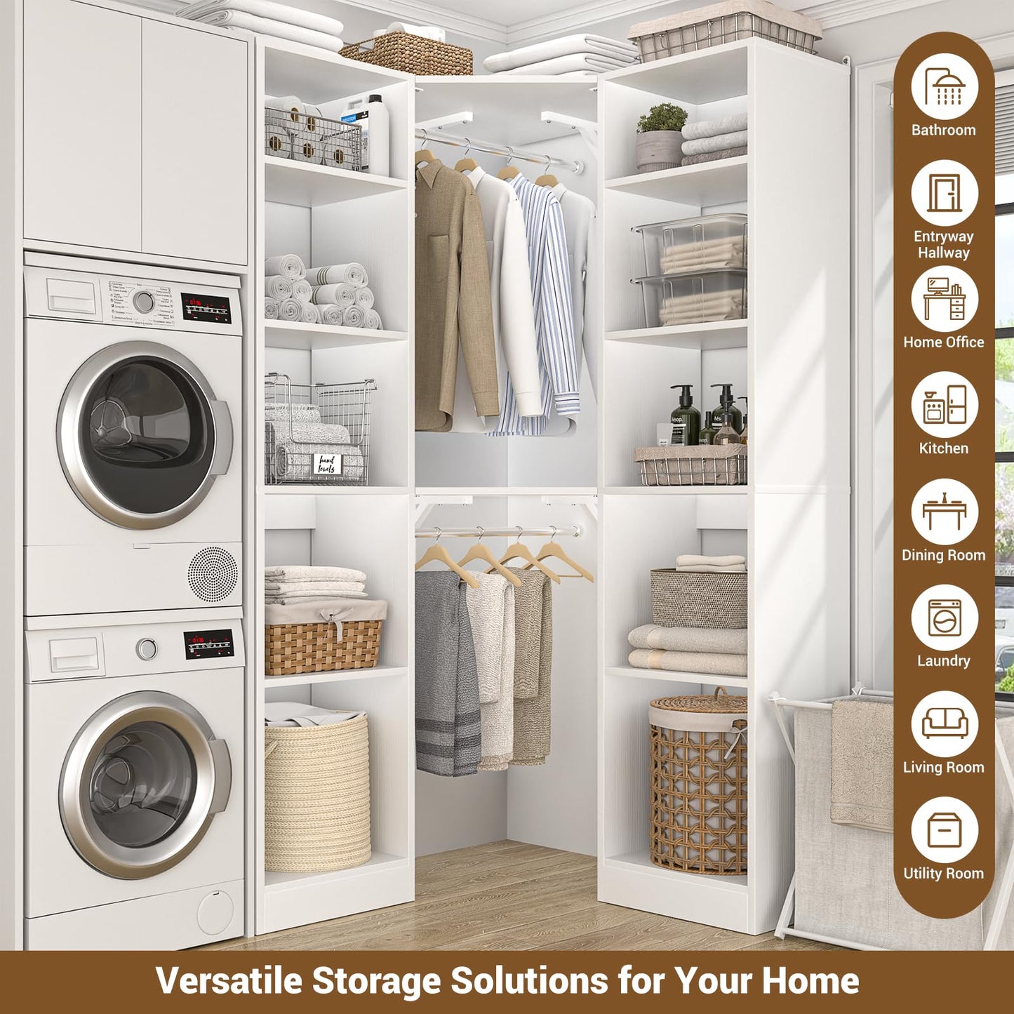 Besiost Corner Closet System with 12 Shelves, 39.2" Corner Closet Organizer System with 2 Hanging Rods, Versatile 6-Tier Walk-in Closets for Corner Space, White (39.2" L x 39.2" W x 80" H)