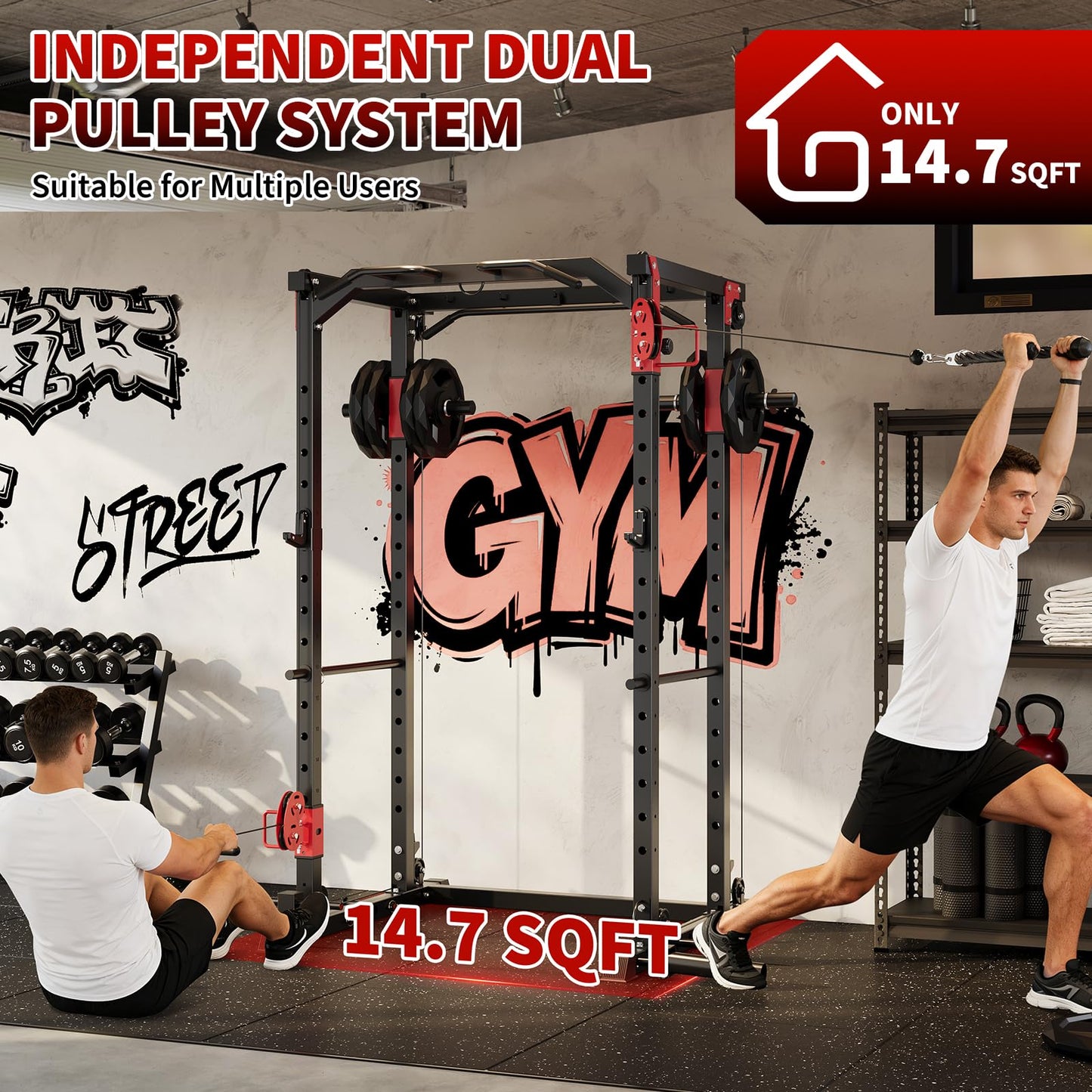 GarveeLife Power Cage with Dual Pulley System, 1600LB Multi-Function Squat Rack with Cable Crossover & LAT Pull Down, All-in-One Home Gym Strength Training Cage for Full Body Workout, Red Black