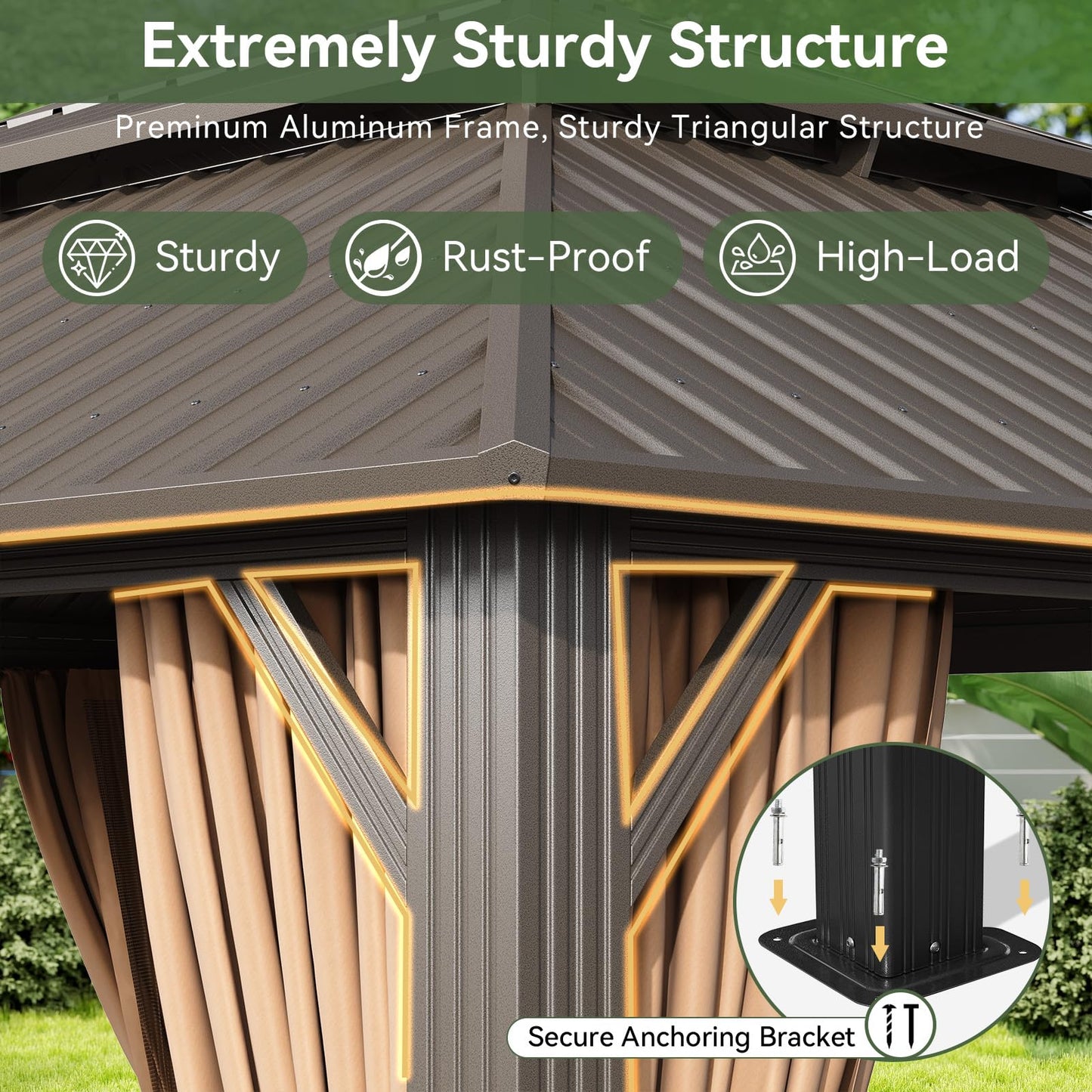 Aoxun 10x12 Gazebo Outdoor Hardtop Gazebo with Double Galvanized Steel Roof Metal Frame Pavilion with Breathable Netting and Privacy Curtain for Backyard (Brown)