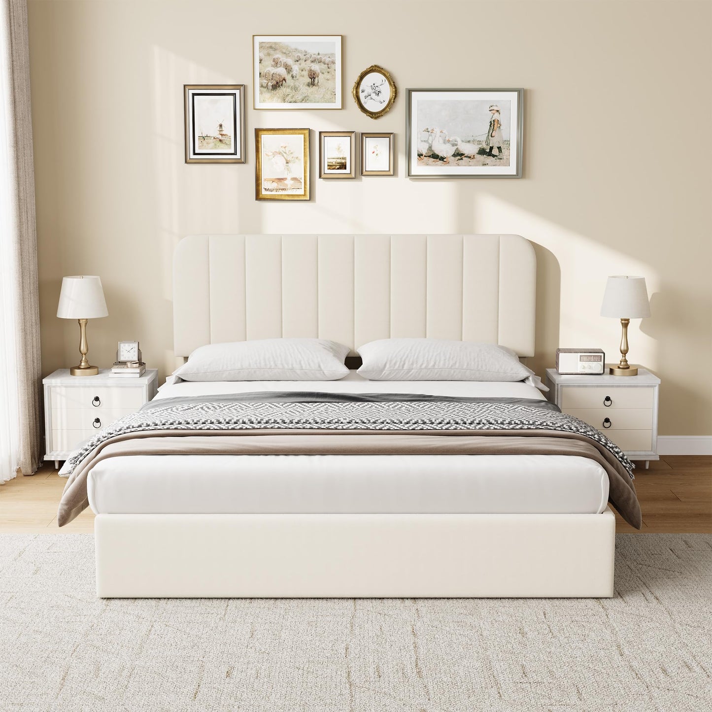 GarveeHome Queen Size Bed Frame, Velvet Upholstered Storage Bed with 4 Drawers, Adjustable Headboard, Modern Bedroom Furniture, Beige
