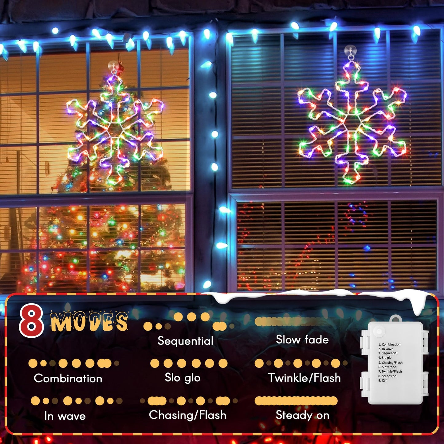 Hiboom 2 Pack Christmas Window Lights, 12 Inch Colorful Snowflake LED Decorations, Model CW-Hiboom-1807, Battery Powered