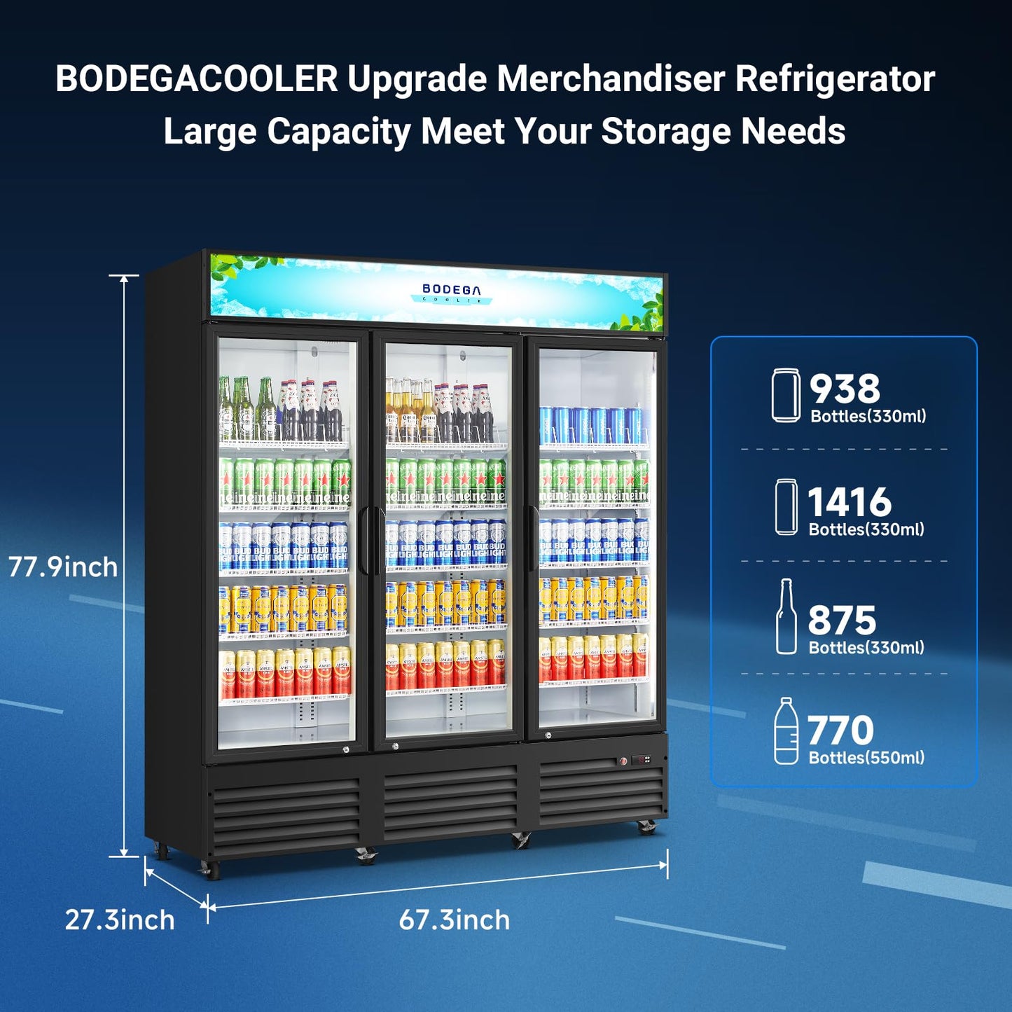 BODEGACOOLER 67.3“W 53 Cu. Ft Commercial Beverage Refrigerator,3 Glass Door Merchandiser Cooler, Display Refrigerator with LED Lighting, Adjustable Shelves, Temperature Control, Heavy-Duty Casters