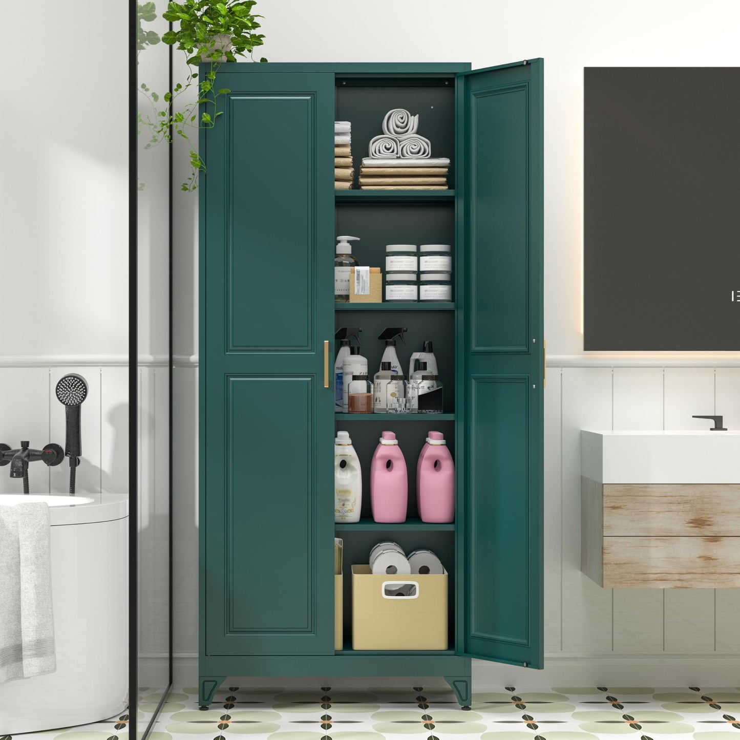 Polup Metal Storage Cabinet,75" Tall Kitchen Pantry Storage Cabinet with Doors and Adjustable Shelves, Green Metal Pantry Cabinets, Large Cupboard for Kitchen, Dining Living Room, Bathroom, Office