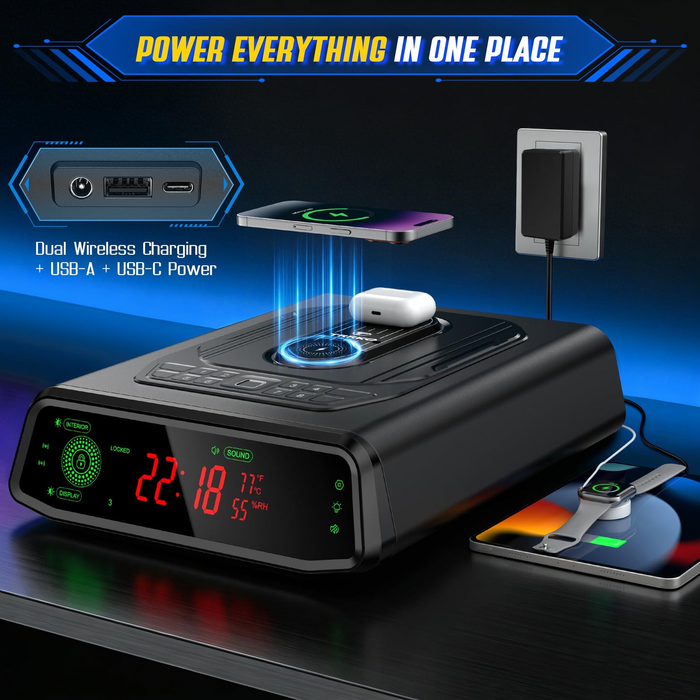 TRRKO Biometric Gun Safe for Handgun | 0.3S Auto-Open Quick Access Pistol Safe with Fingerprint & Wireless Charger, Smart LED Display, Handgun Safe for Nightstand/Bedside/Home, Gift for Gun Owners