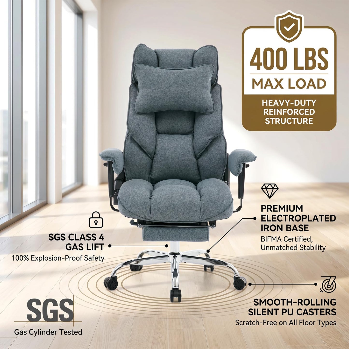 mokodo Ergonomic Office,Fabric Executive Desk Chair with Pocket Spring Cushion, 155° Reclining Computer Chair, Big and Tall Heavy Duty Seat with Adjustable Headrest & Lumbar Support (Dark Blue)