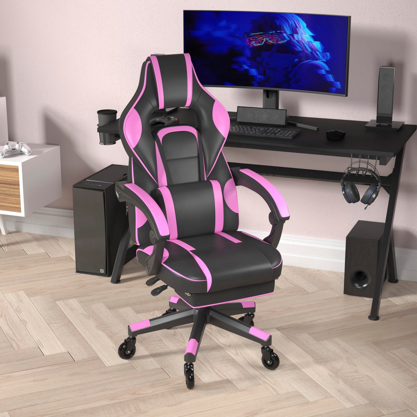 Flash Furniture X40 Gaming Chair Racing Computer Chair with Fully Reclining Back/Arms and Transparent Roller Wheels, Slide-Out Footrest, - Black/Purple