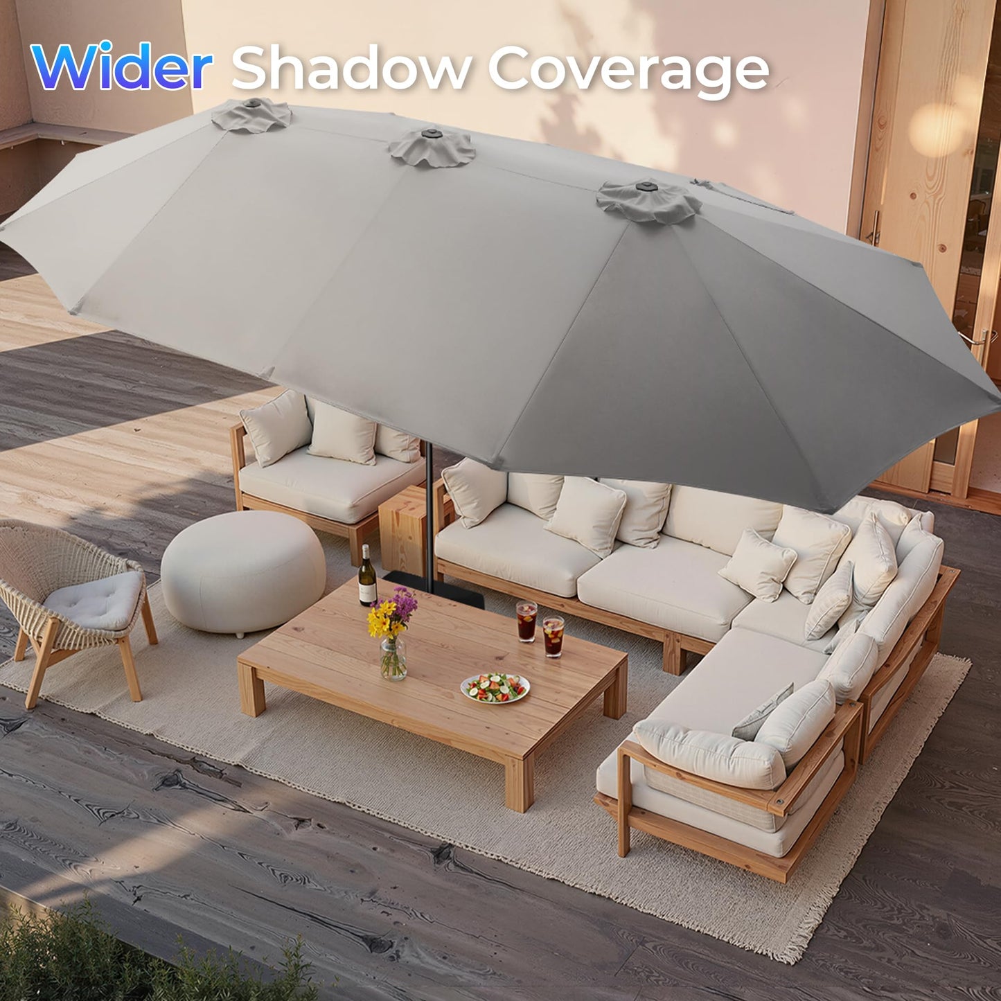 SUPERJARE 15FT Outdoor Patio Umbrella with Base Included, Double Sided Pool Umbrellas with Fade Resistant Canopy, Extra-Large Table Umbrella for Deck, Market, Backyard, Gray