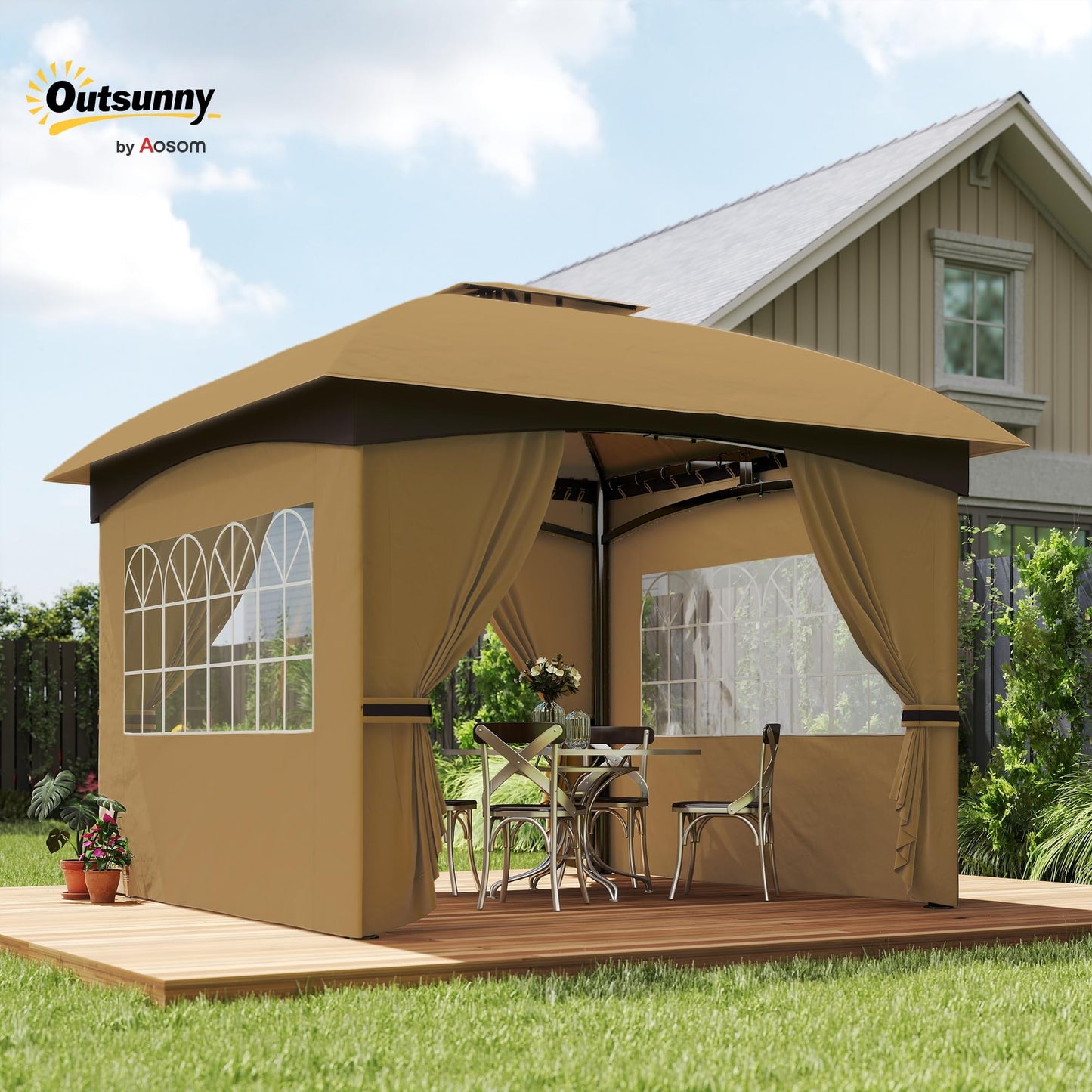 Outsunny 11' x 11' Outdoor Gazebo, Arc Patio Gazebo Canopy Shelter, UV Protected, with Curtains, Church Windows, Double Roof, Galvanized Steel Frame for Lawn, Backyard and Deck, Beige