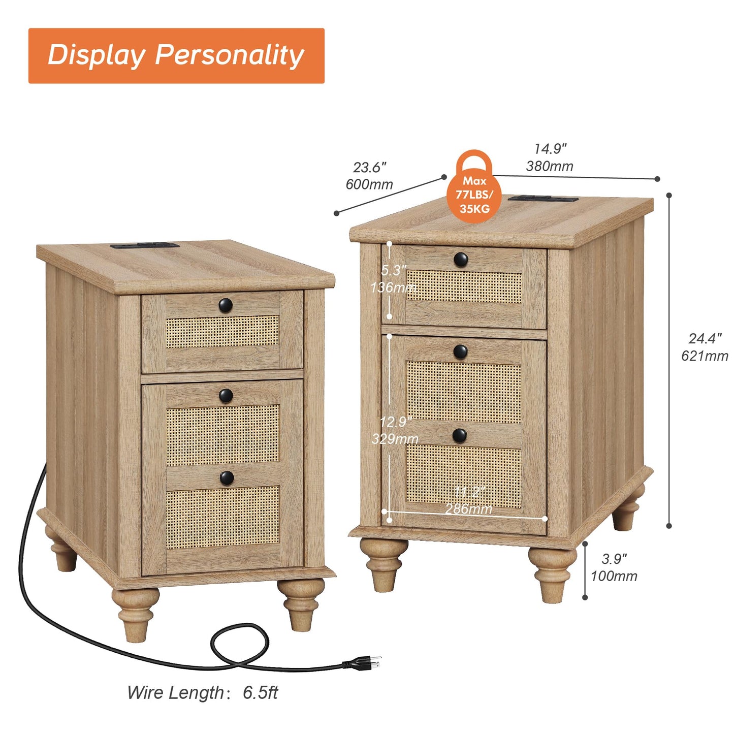 WAMPAT Set of 2 Rattan End Tables with Charging Station, Tall Side Tables Nightstand with Drawer & Storage Cabinet, Light Wood Bedside Table for Bedroom & Living Room, Burlywood