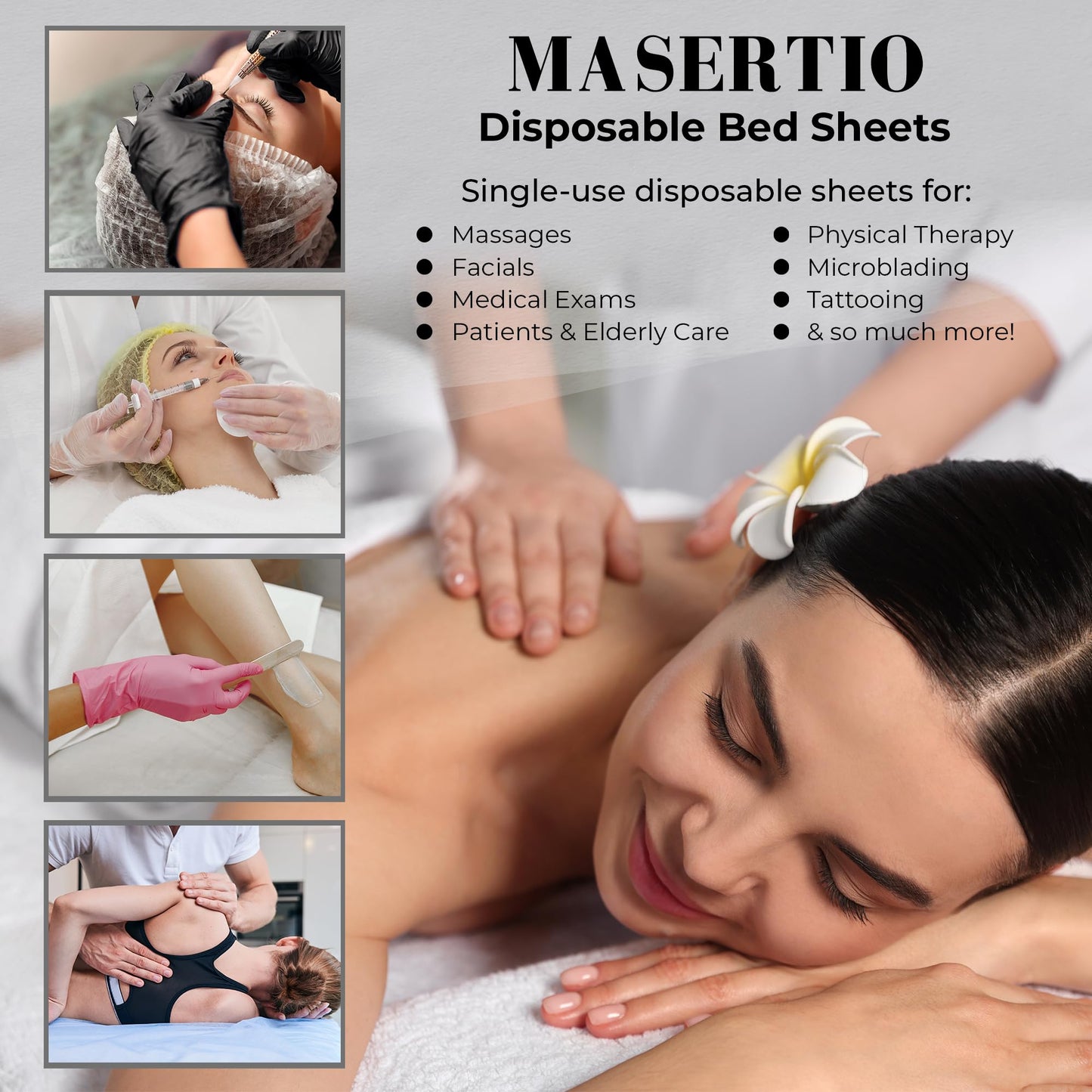 MASERTIO Disposable Massage Bed Cover - 60 Sheets Per Roll, Non-woven Disposable Material - Ideal for Spa, Massage Table, Tattoo, Waxing Table - No Crinkle Table Sheets - 31.5 x 71 Inches (6 Rolls)