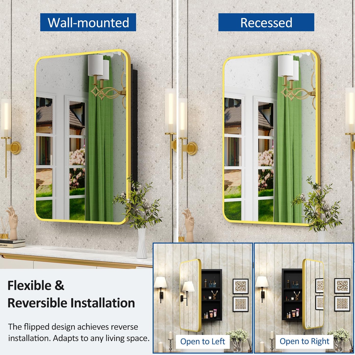 ACEMIRO 20x28 Inch Gold Recessed Medicine Cabinet with Mirror Metal Framed Surface Wall Mounted Bathroom Medicine Cabinet Mirror with Storage