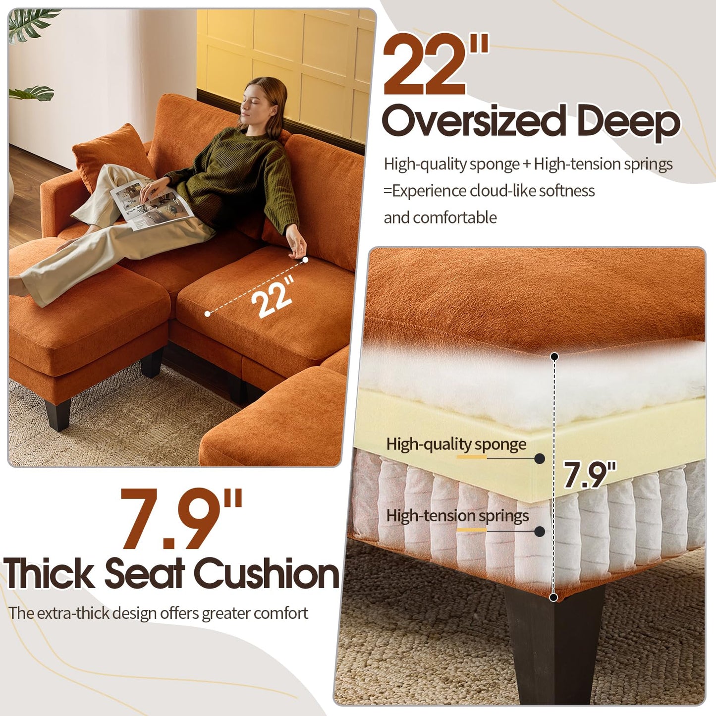 VINGLI 100" W U Shaped Couch with Ottoman, 22" Deep Seat Comfortable Sectional Couches for Living Room, 3 Seater Chenille Fabric Cloud Sofa for Apartment, Small Spaces, Bedroom, Orange