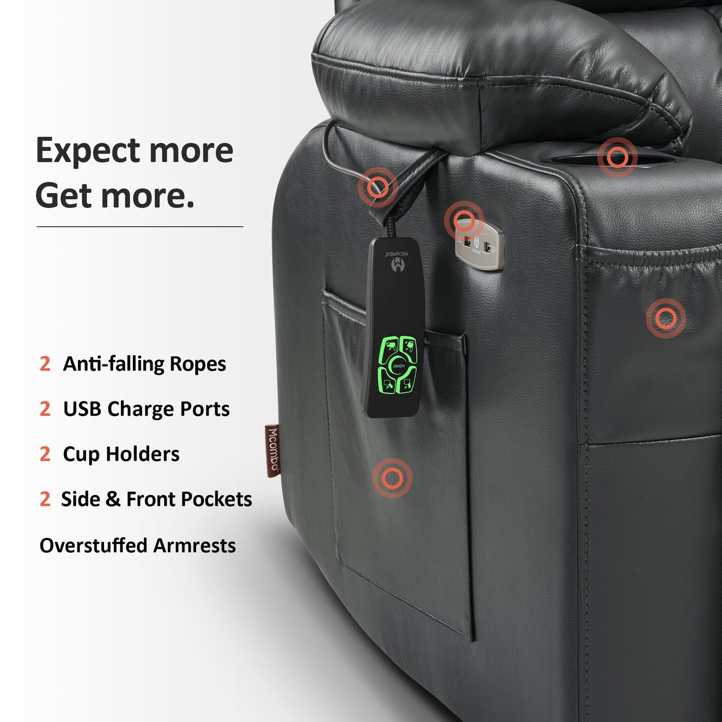 MCombo Dual Motor Power Lift Recliner Chair for Elderly, Lay Flat Lift Chair with Heat and Massage, Cup Holders, USB Ports, Faux Leather 7890 (Black, Medium)