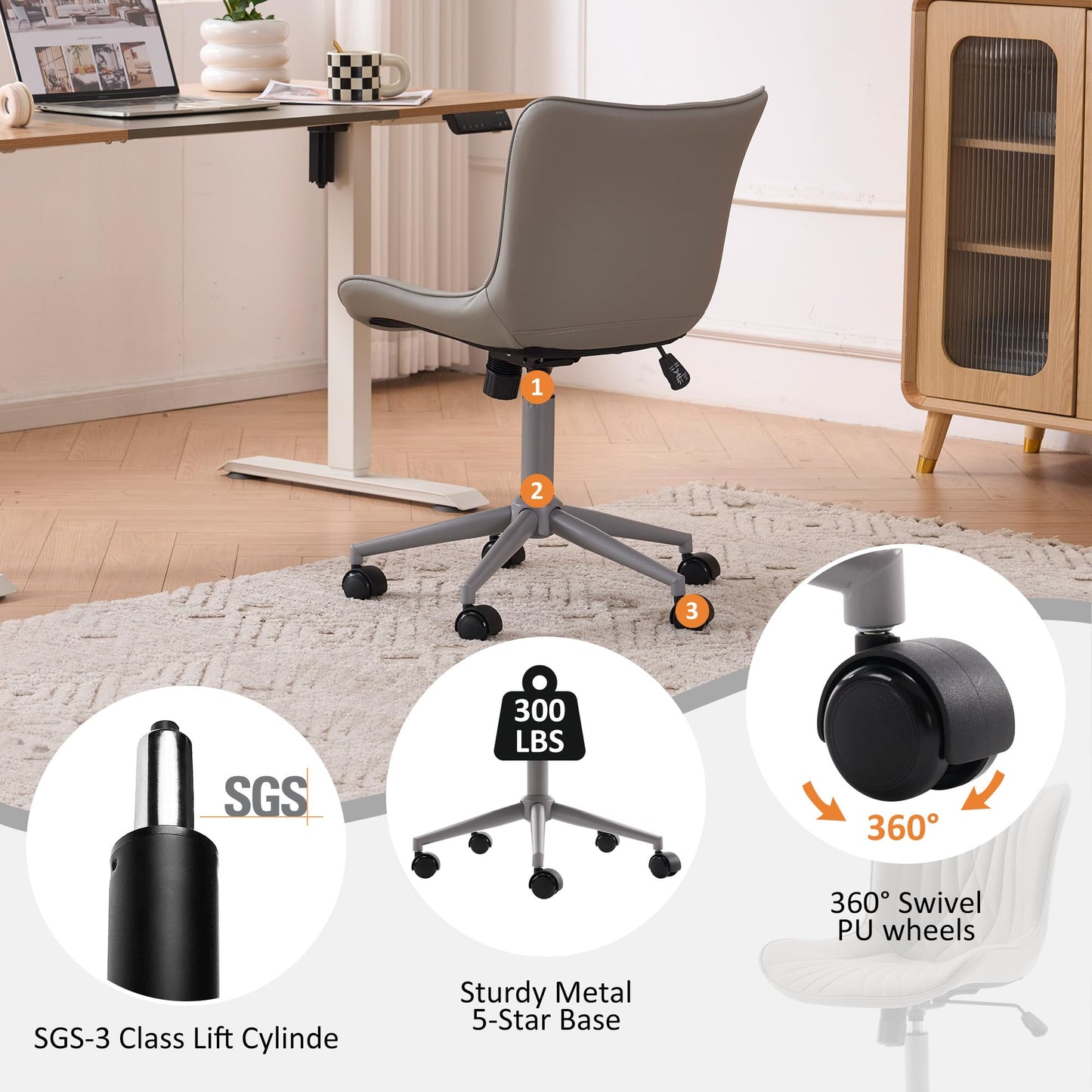 YOUTASTE Grey Armless Office Chair, Modern Adjustable Swivel Desk Chair with Wheels, Upholstered PU Leather, Gray Metal Legs, Back Support for Home Office, Study, Vanity, Bedroom