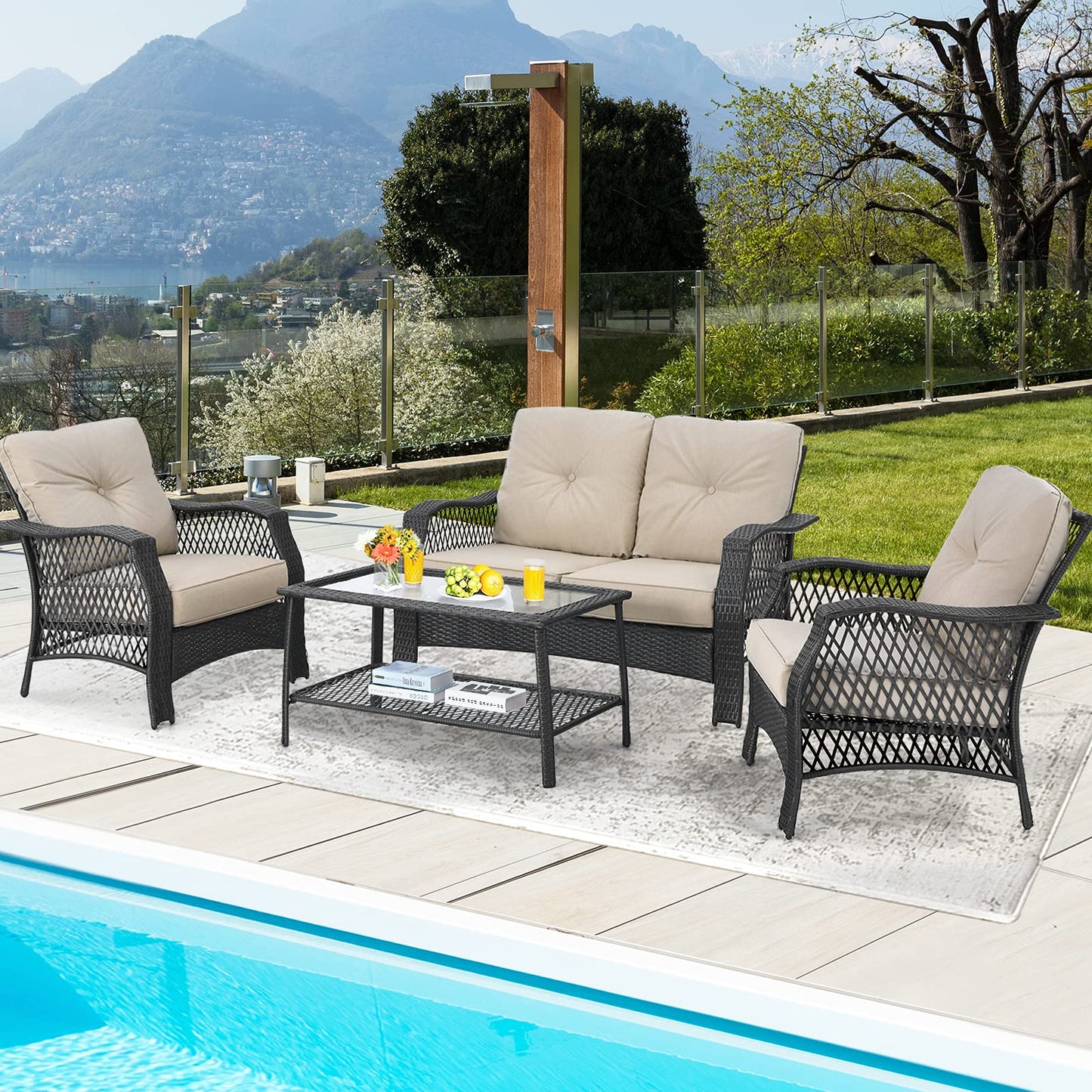 Tangkula 4 Pieces Outdoor Patio Furniture Set, Patiojoy PE Wicker Conversation Sofa Set with Tempered Glass Coffee Table, Sectional Rattan Patio Sofa Set for Garden, Backyard, Poolside (Beige)