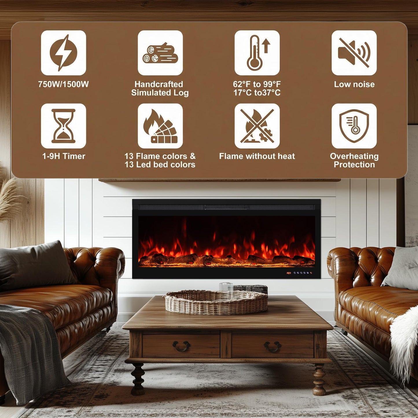 Oxhark Flame Narrow Frame WiFi Electric Fireplace 78 Inch, Wall Mount or in-Wall Recessed Fireplace Heater, App/Remote Control,Adjustable Flame Effects, 9H Timer & Low Noise, 750W/1500W, Black