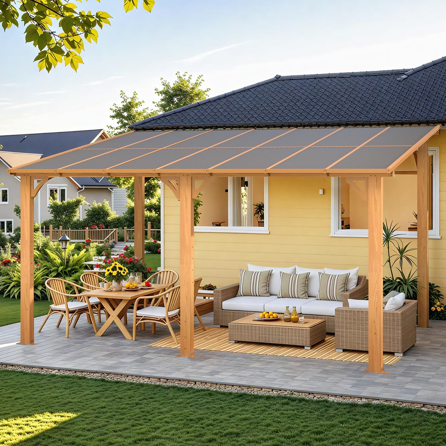 AECOJOY 14' x 10' Gazebo for Patio, Wood Grain Hard Top Lean to Gazebo Pergola with Roof (140 Sq.Ft Shaded), Large Wall-Mounted Heavy Duty Awnings for Patio, Decks, Backyard and More