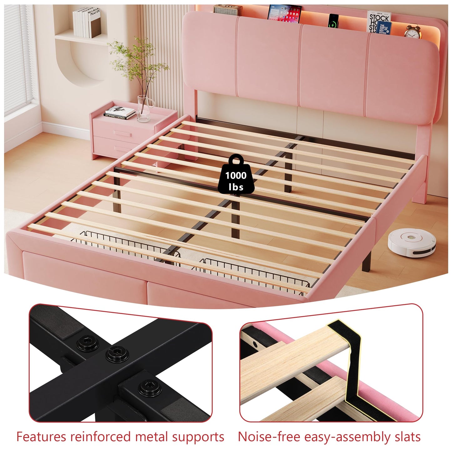 Feonase Full Upholstered Bed Frame with Headboard and 2 Storage Drawers, Built-in Charging Station, Velvet Platform LED Bed with Solid Wood Slat Support, No Box Spring Needed, Pink