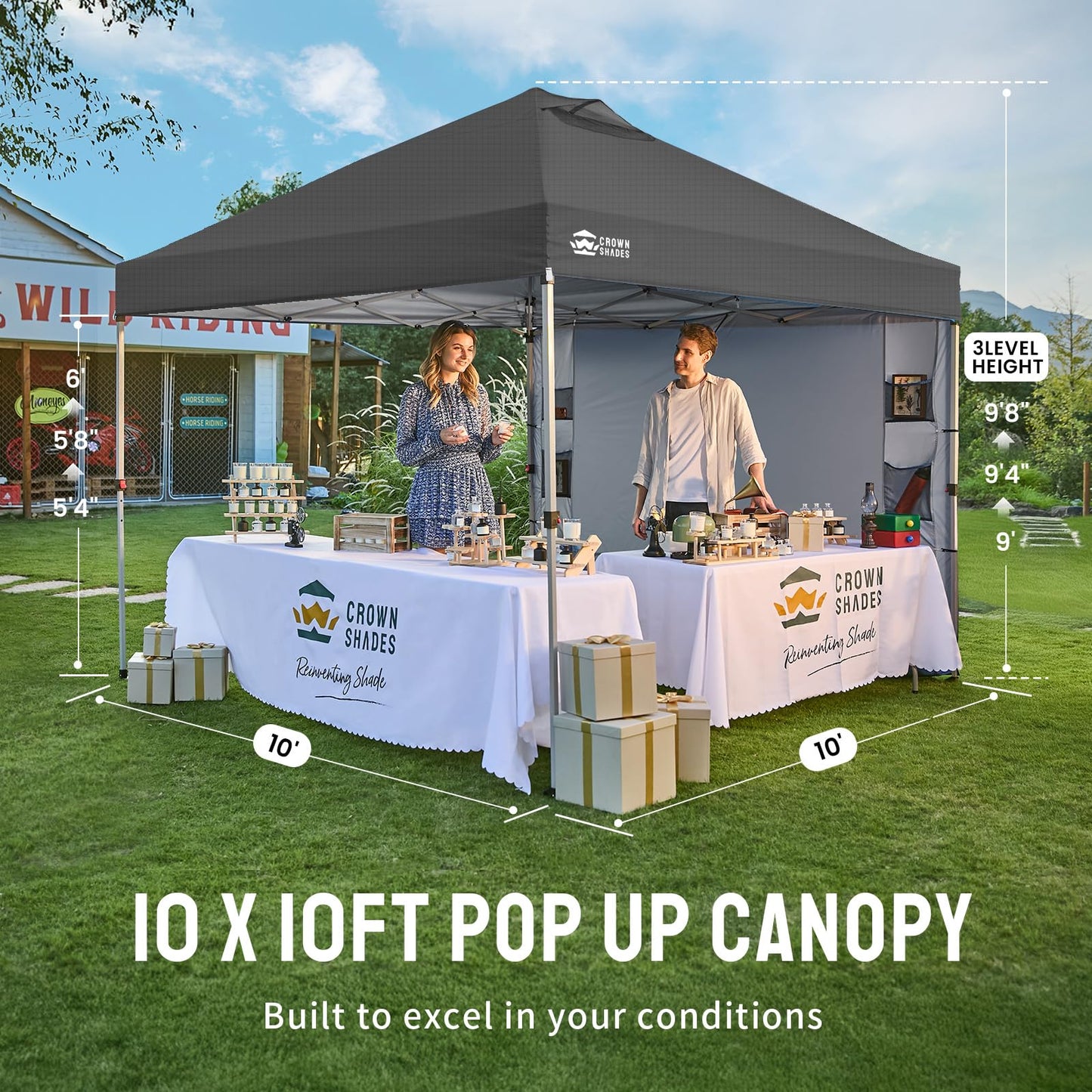 CROWN SHADES Canopy Tent 10x10 Pop Up Canopy Outdoor Shade with Pockets Sidewall, Easy Up Sun Shelter with One Person Set Up Center Lock, Portable Instant Camping Beach Canopies Tents, Grid Grey