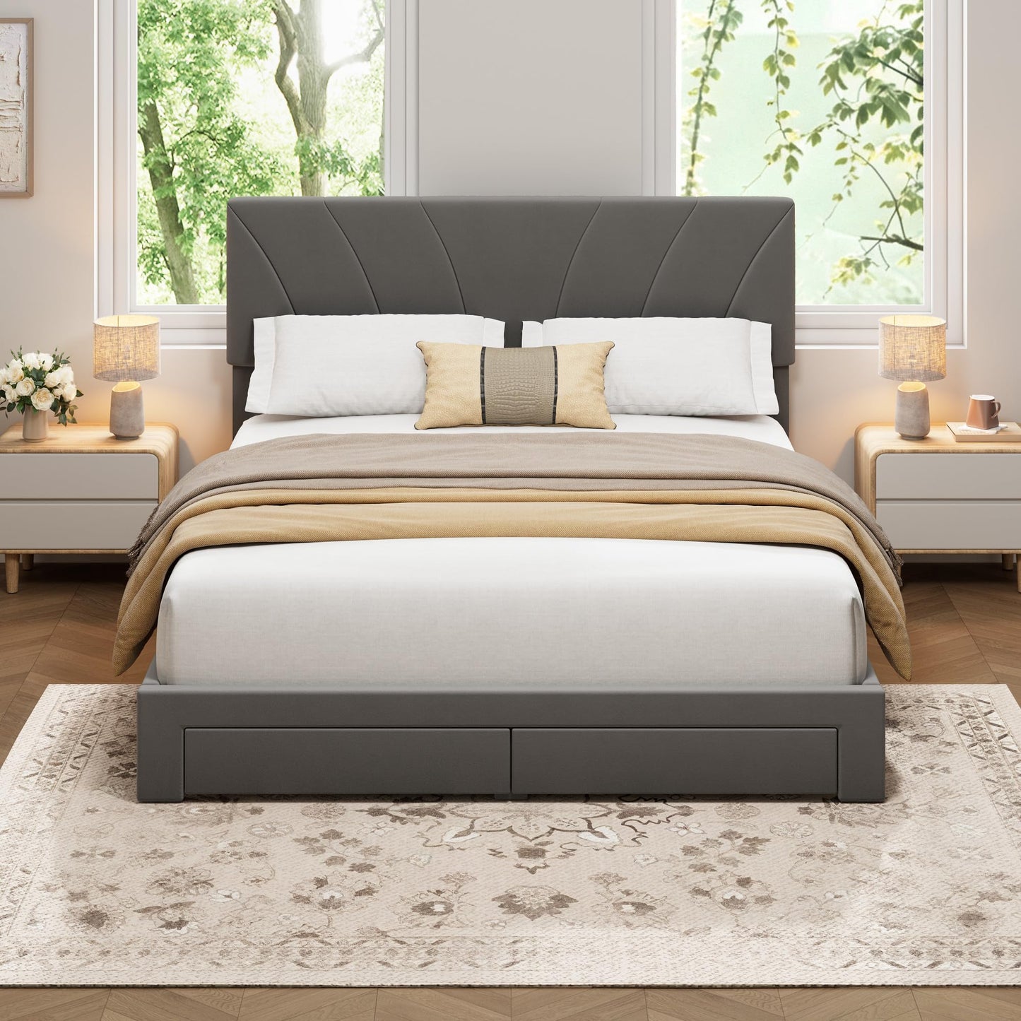 Garvee Queen Size Bed Frame with 2 Storage Drawers & Adjustable Headboard, Velvet Upholstered Platform Queen Bed Frame, Wooden Slats Support, No Box Spring Needed, Easy Assembly, Grey